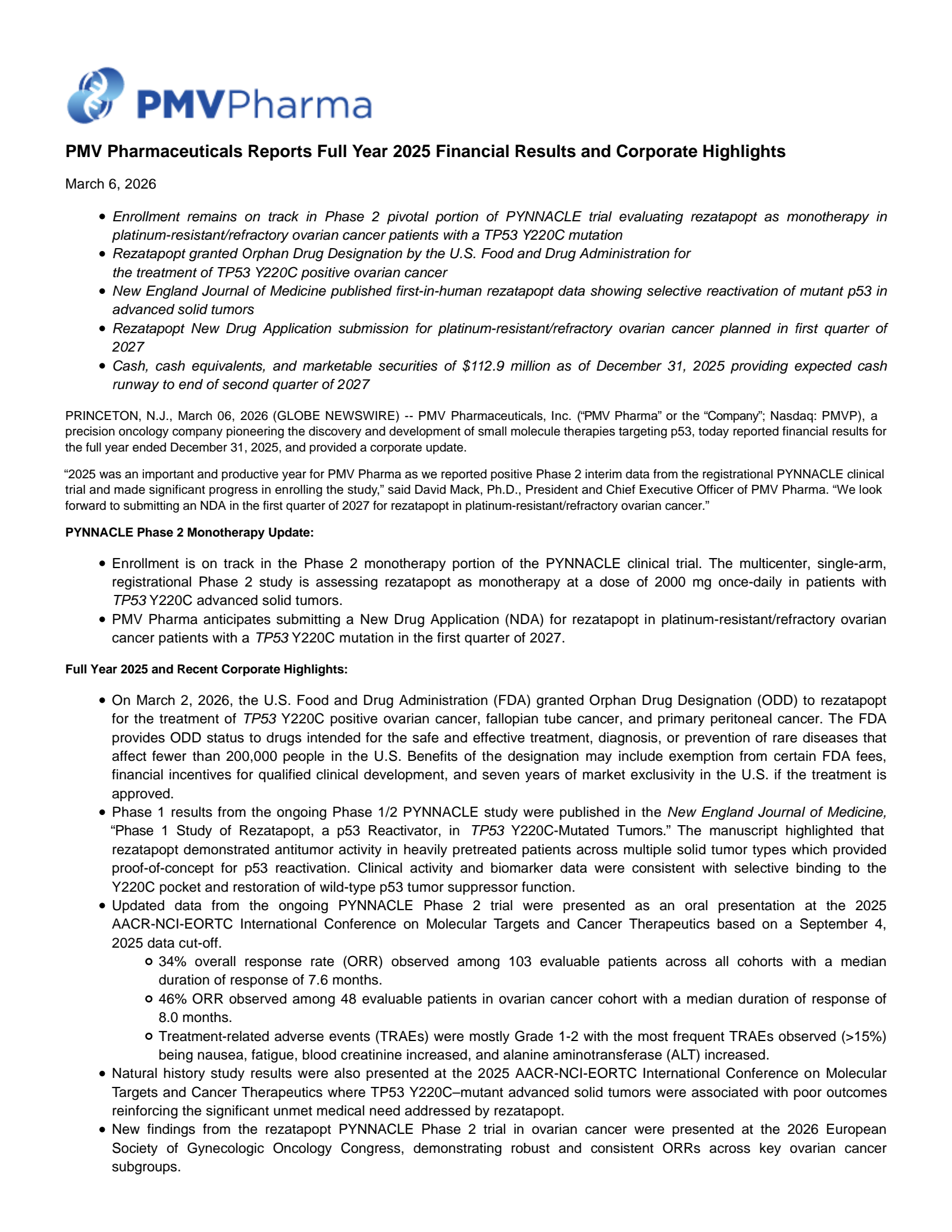 PMV Pharmaceuticals' Q4 2025 Press Release