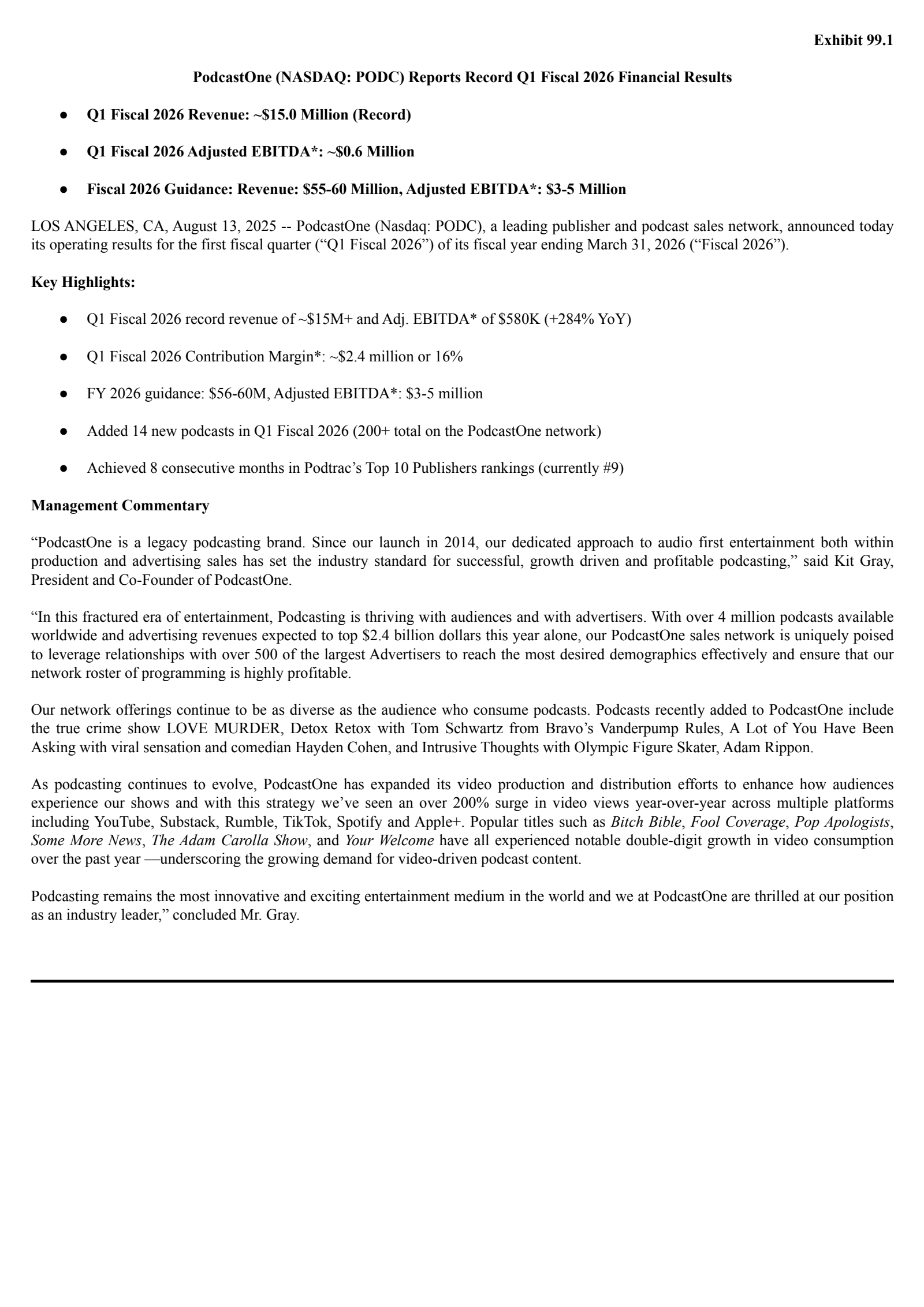 PodcastOne's Q1 2026 Press Release