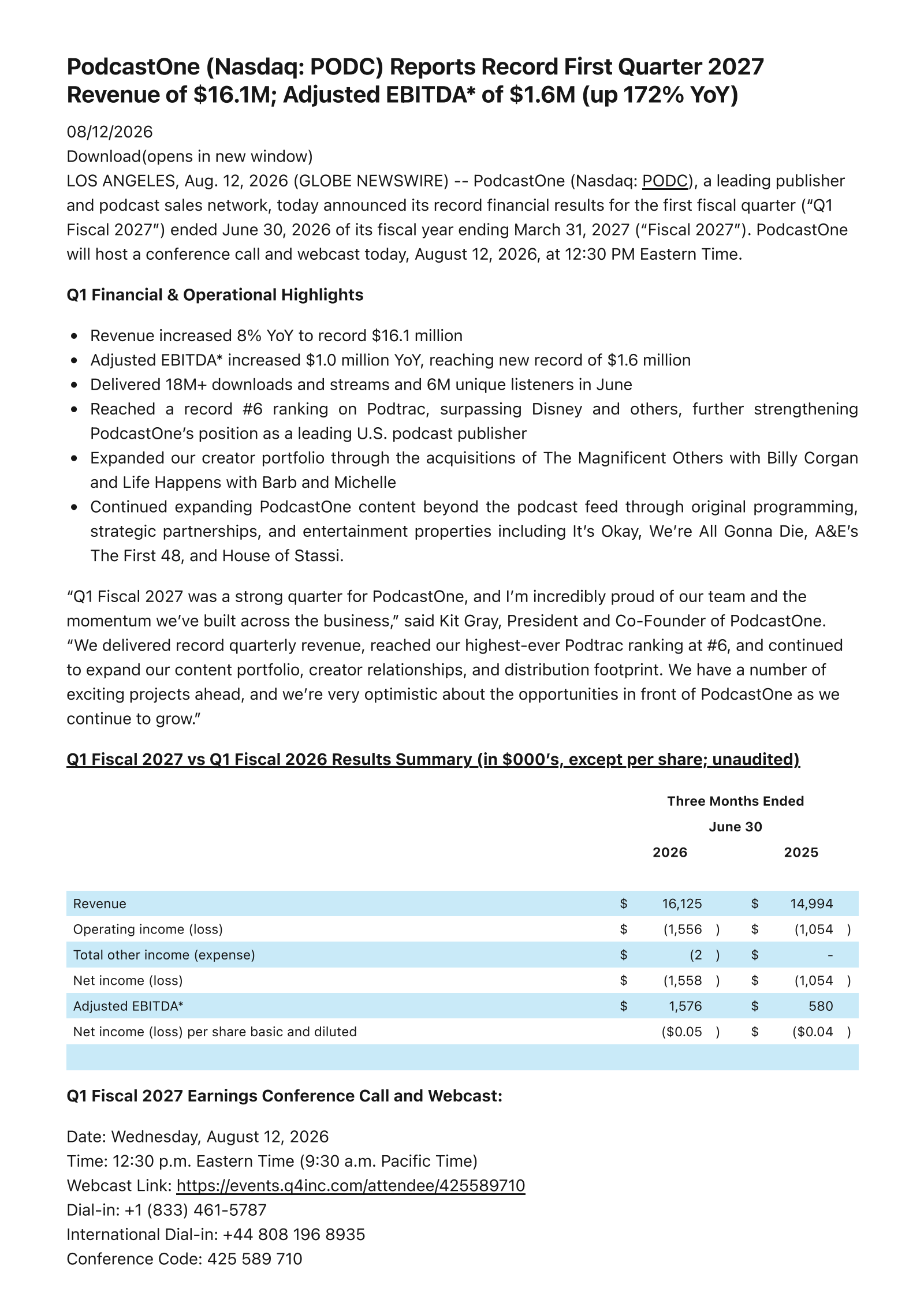 PodcastOne's Q1 2027 Quarterly report
