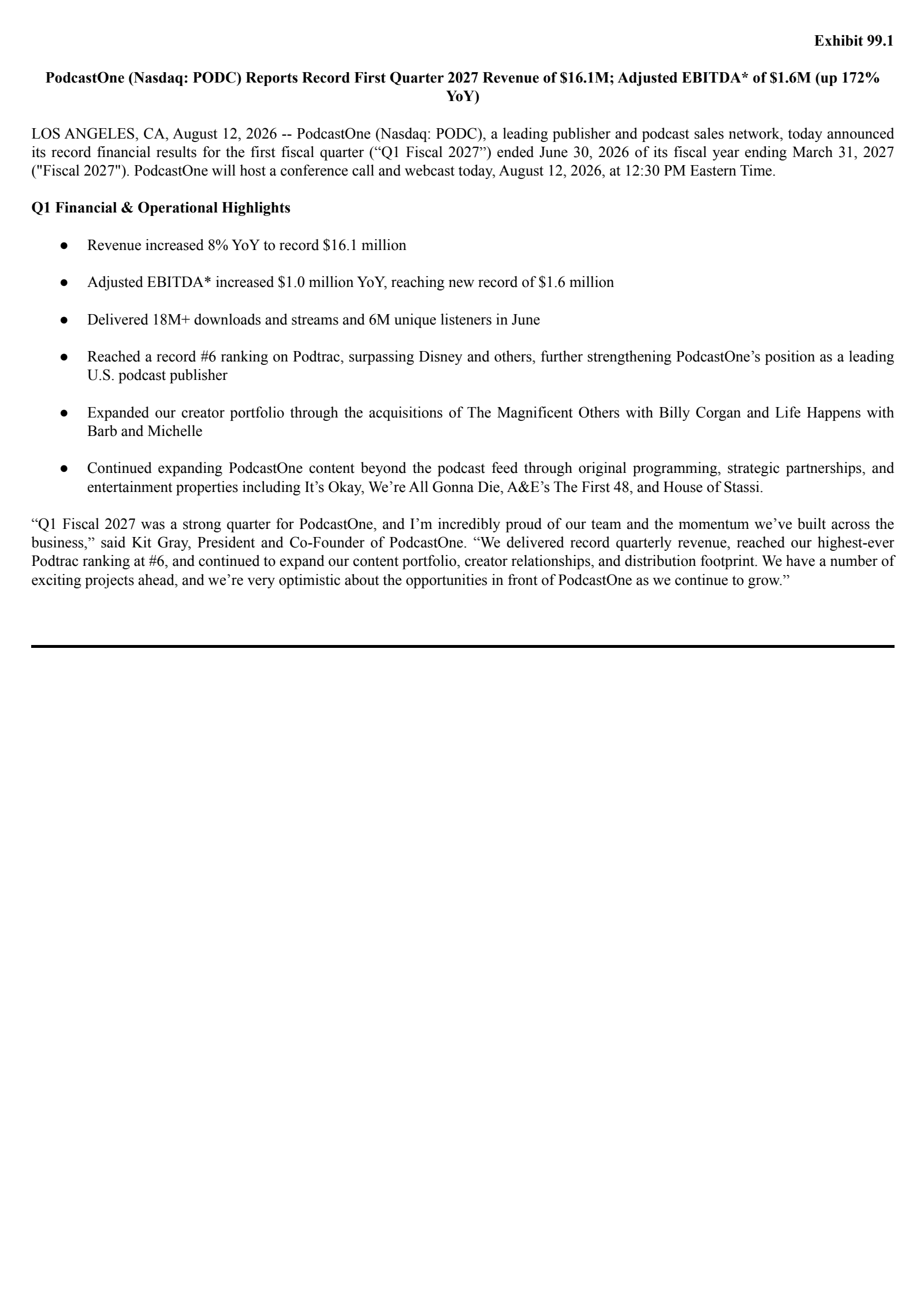 PodcastOne's Q1 2027 Press Release