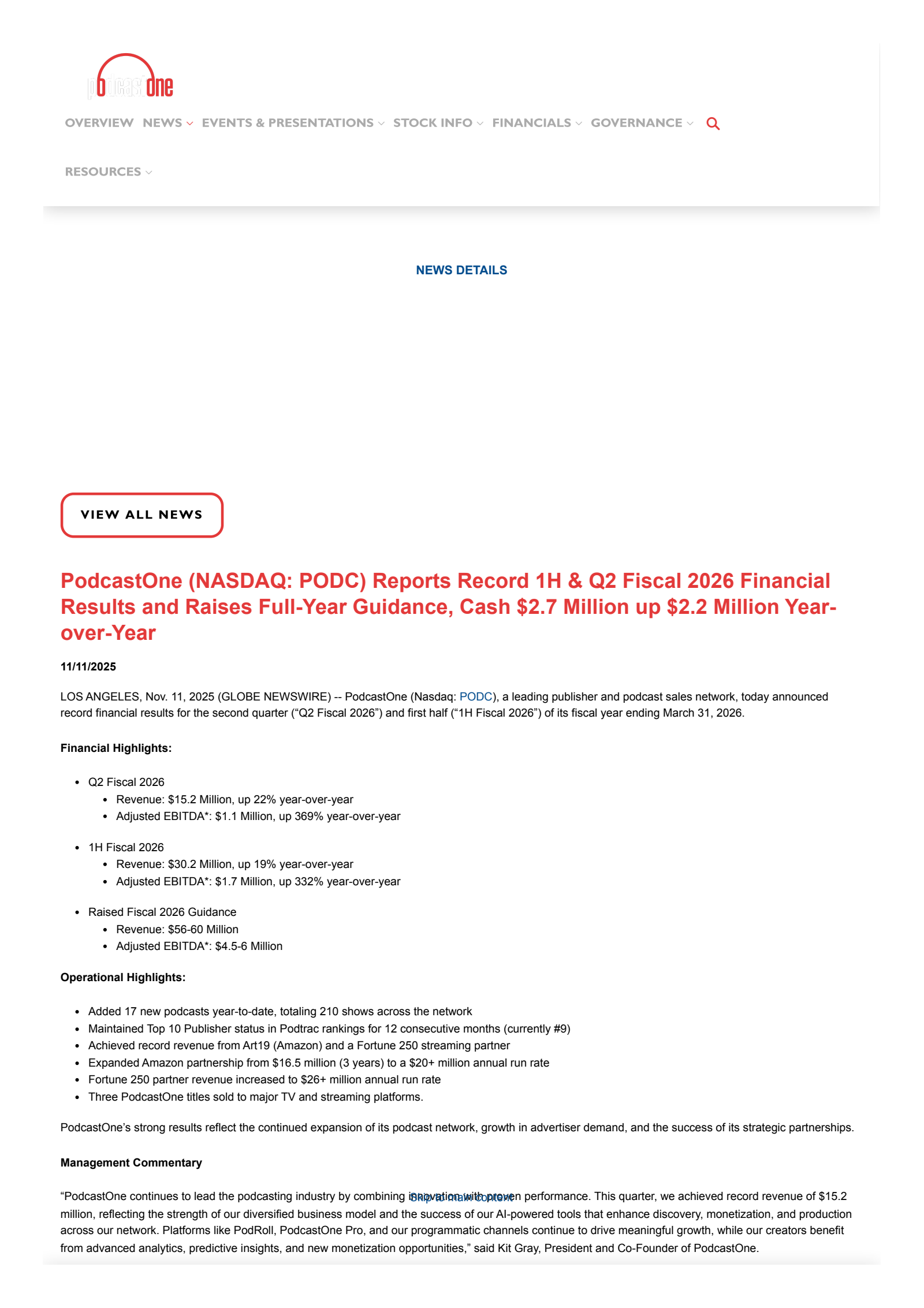 PodcastOne's Q2 2026 Earnings Release