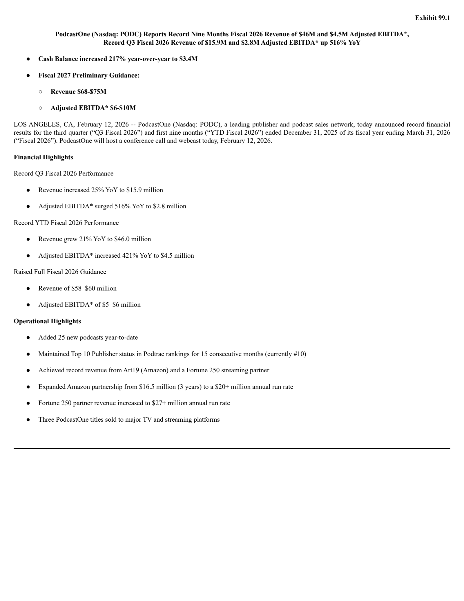 PodcastOne's Q3 2026 Press Release