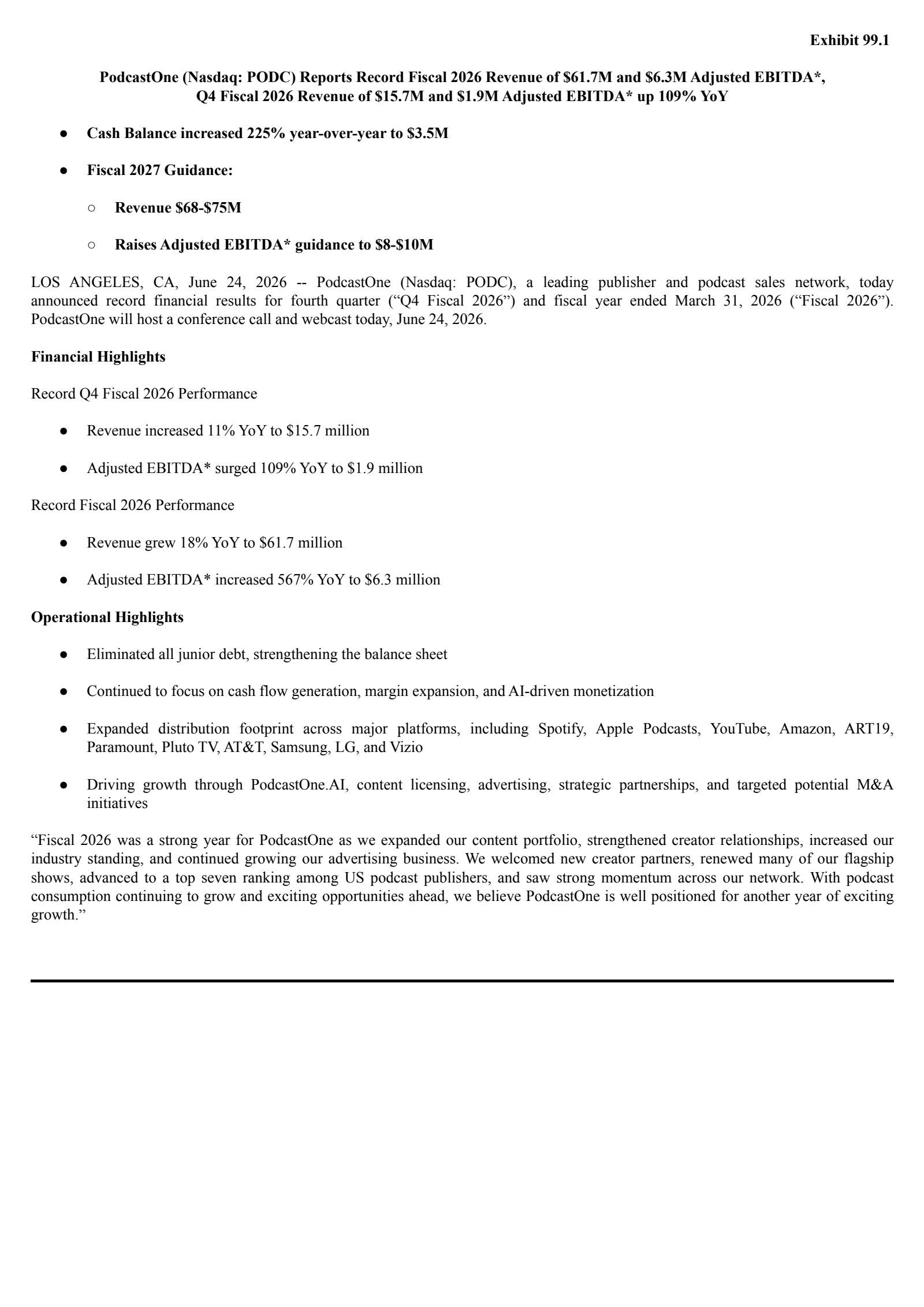 PodcastOne's Q4 2026 Press Release