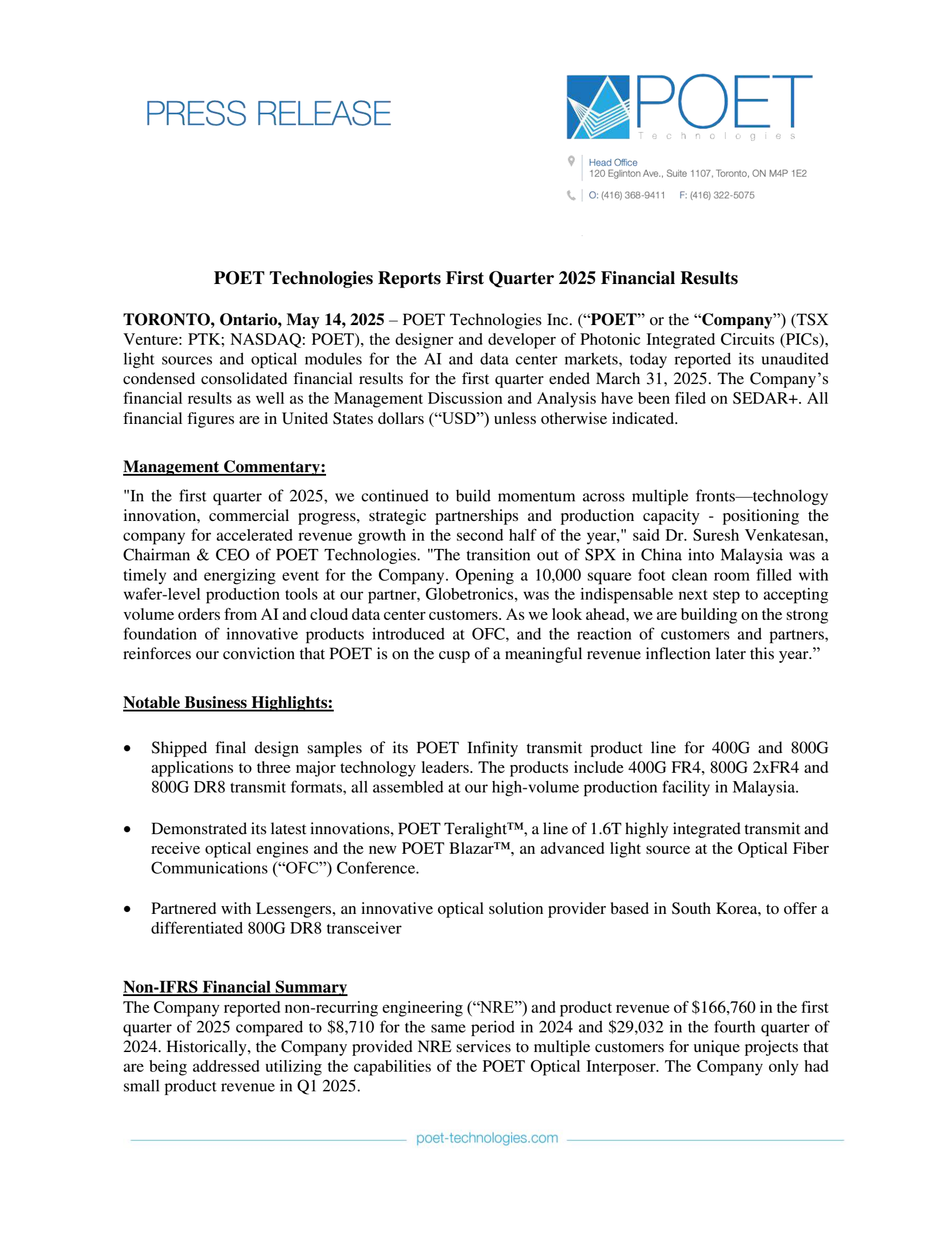 POET Technologies' Q1 2025 Press Release