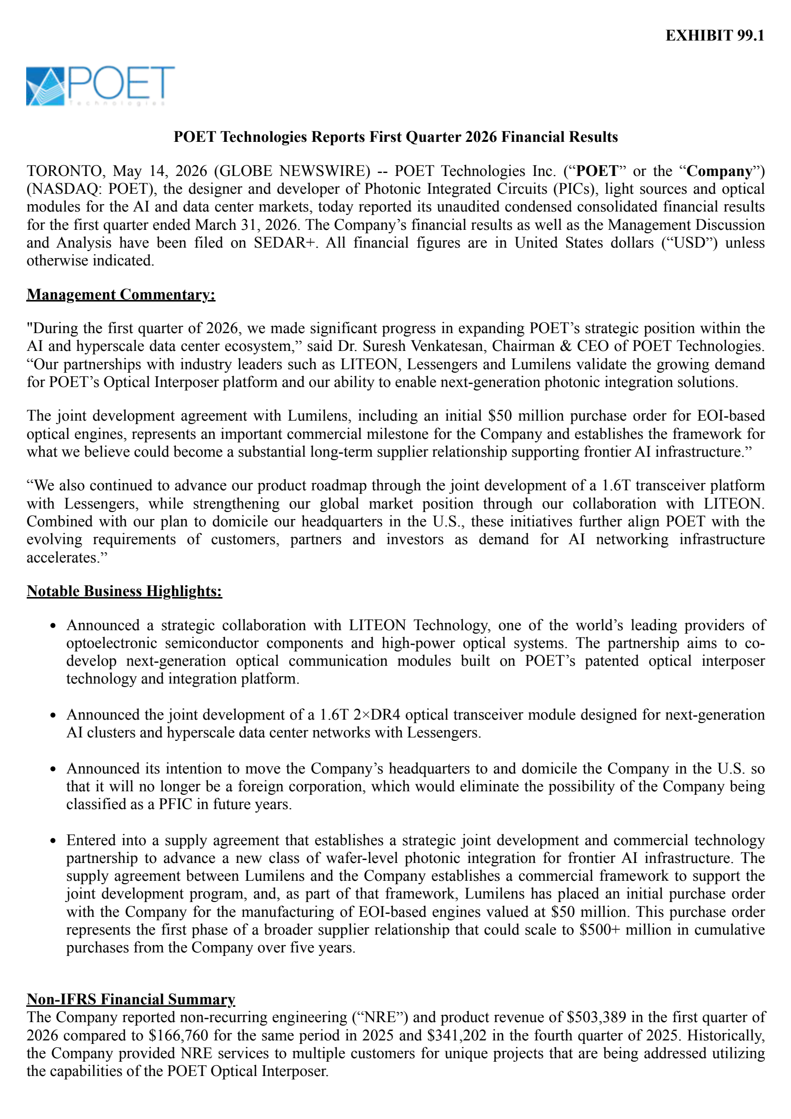 POET Technologies' Q1 2026 Press Release
