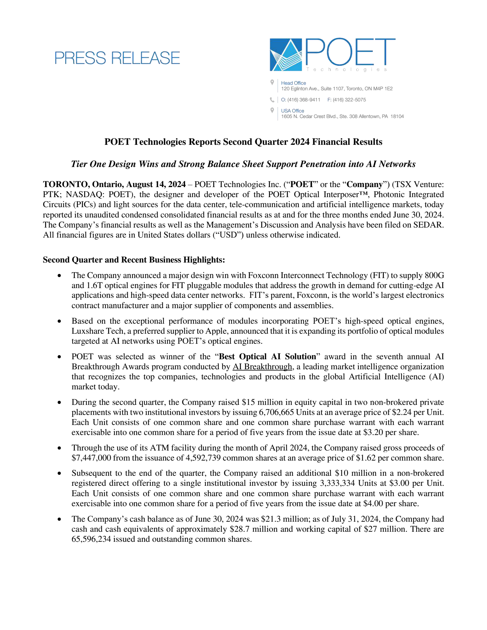 POET Technologies' Q2 2024  Press Release
