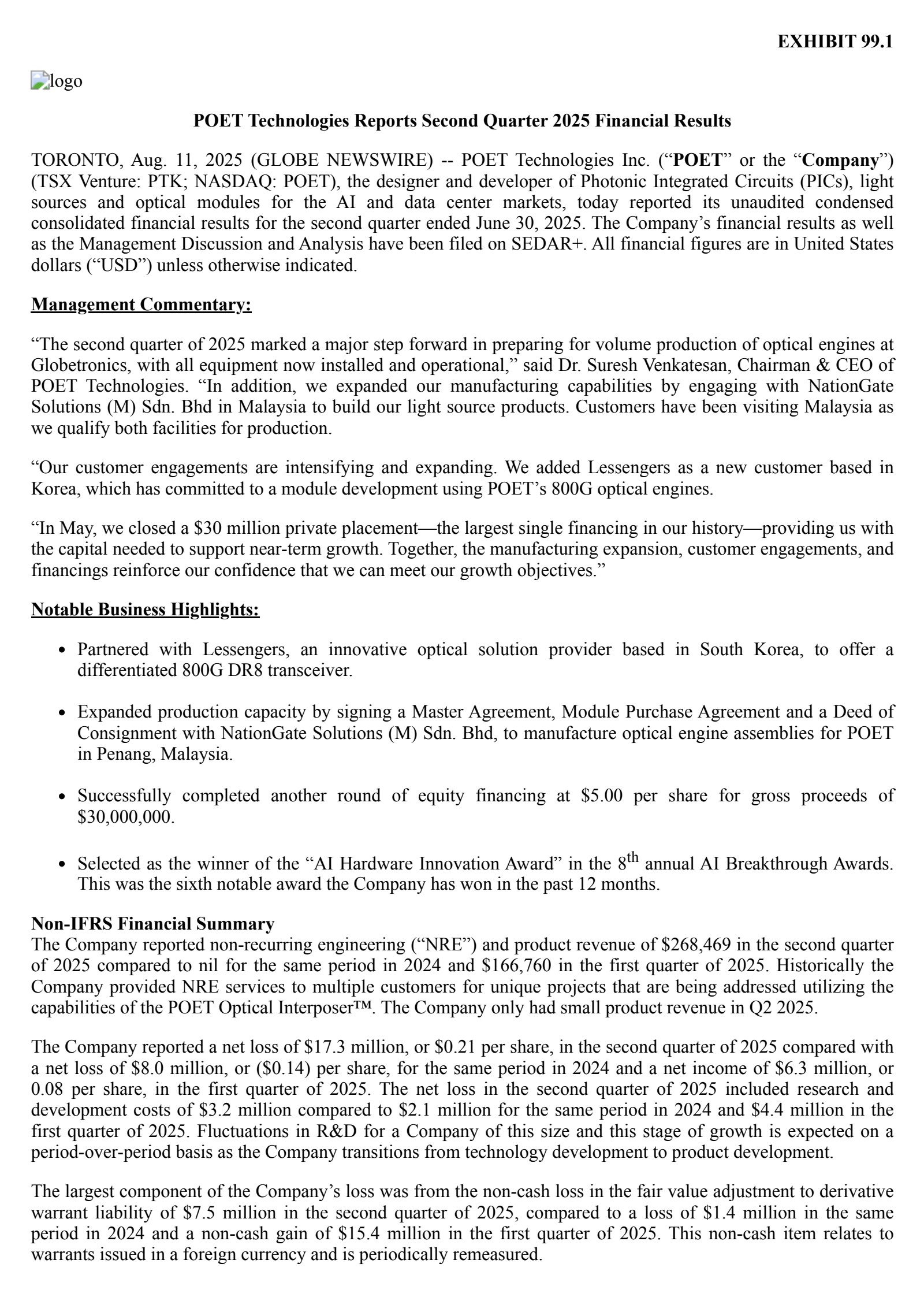 POET Technologies' Q2 2025 Press Release