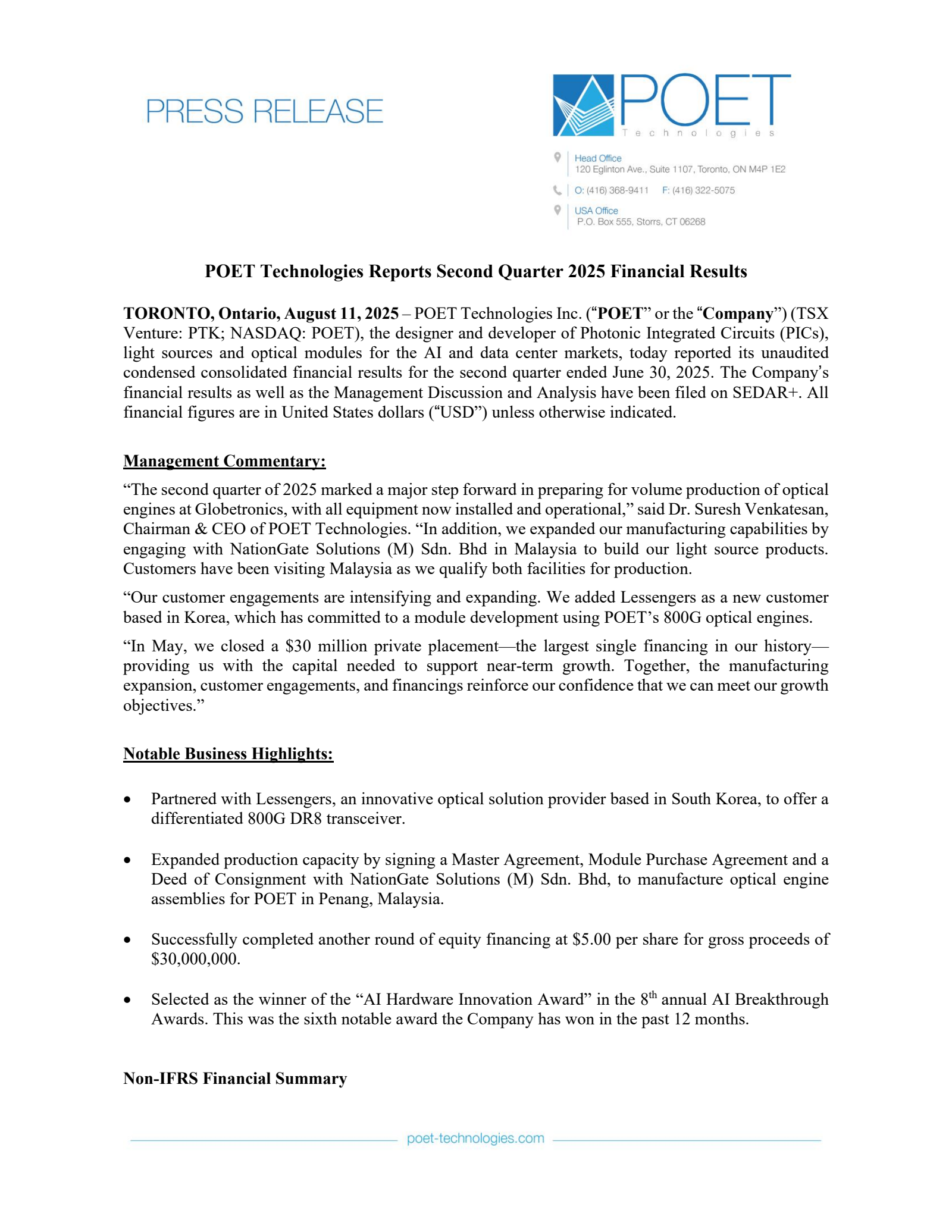 POET Technologies' Q2 2025 Press Release