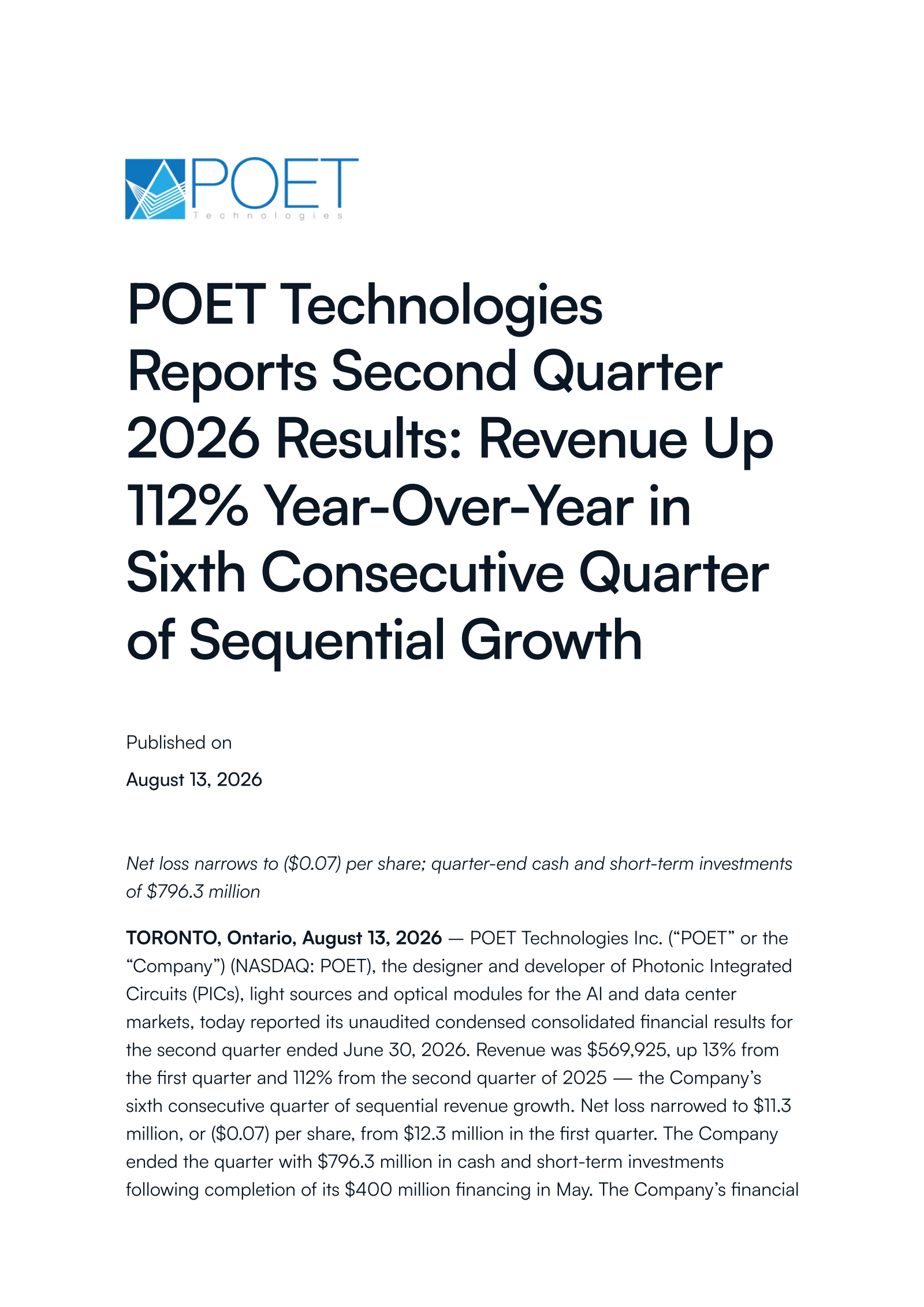 POET Technologies' Q2 2026 Press Release
