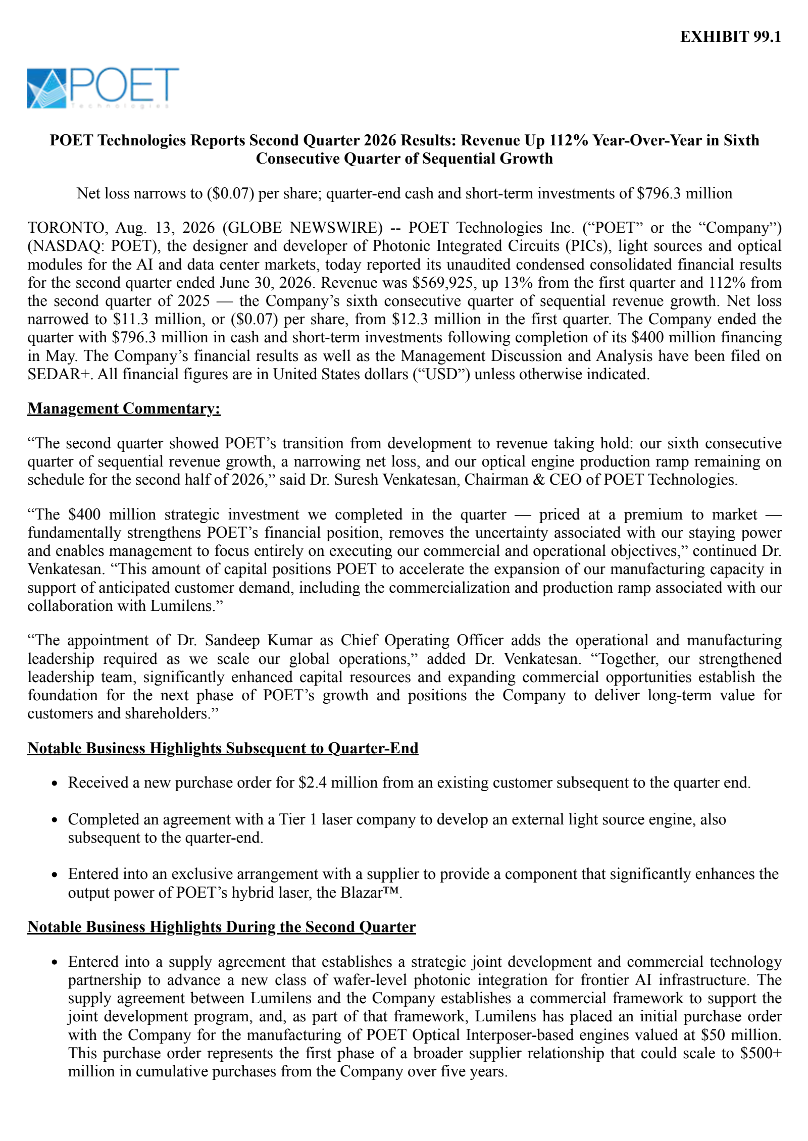 POET Technologies' Q2 2026 Press Release