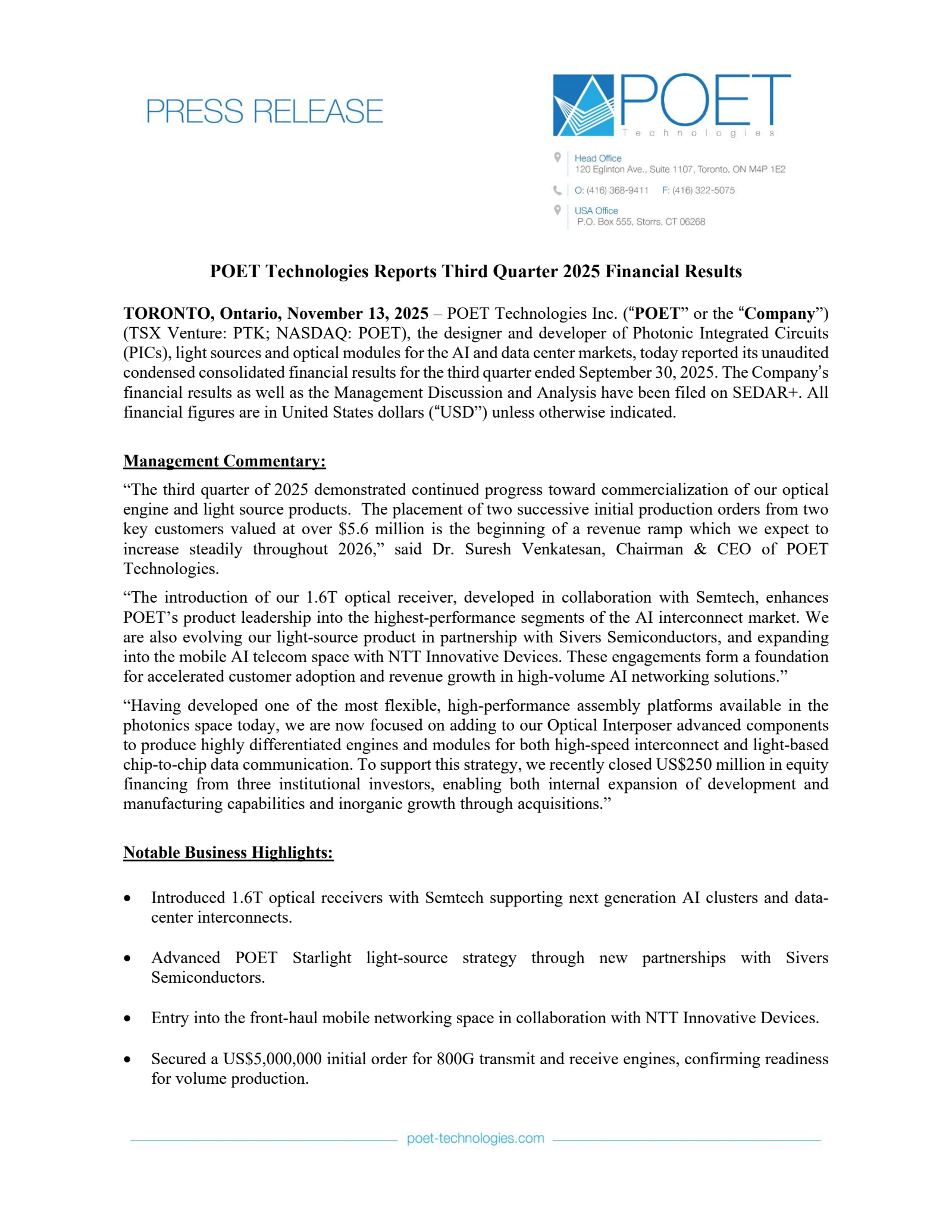 POET Technologies' Q3 2025 Press Release