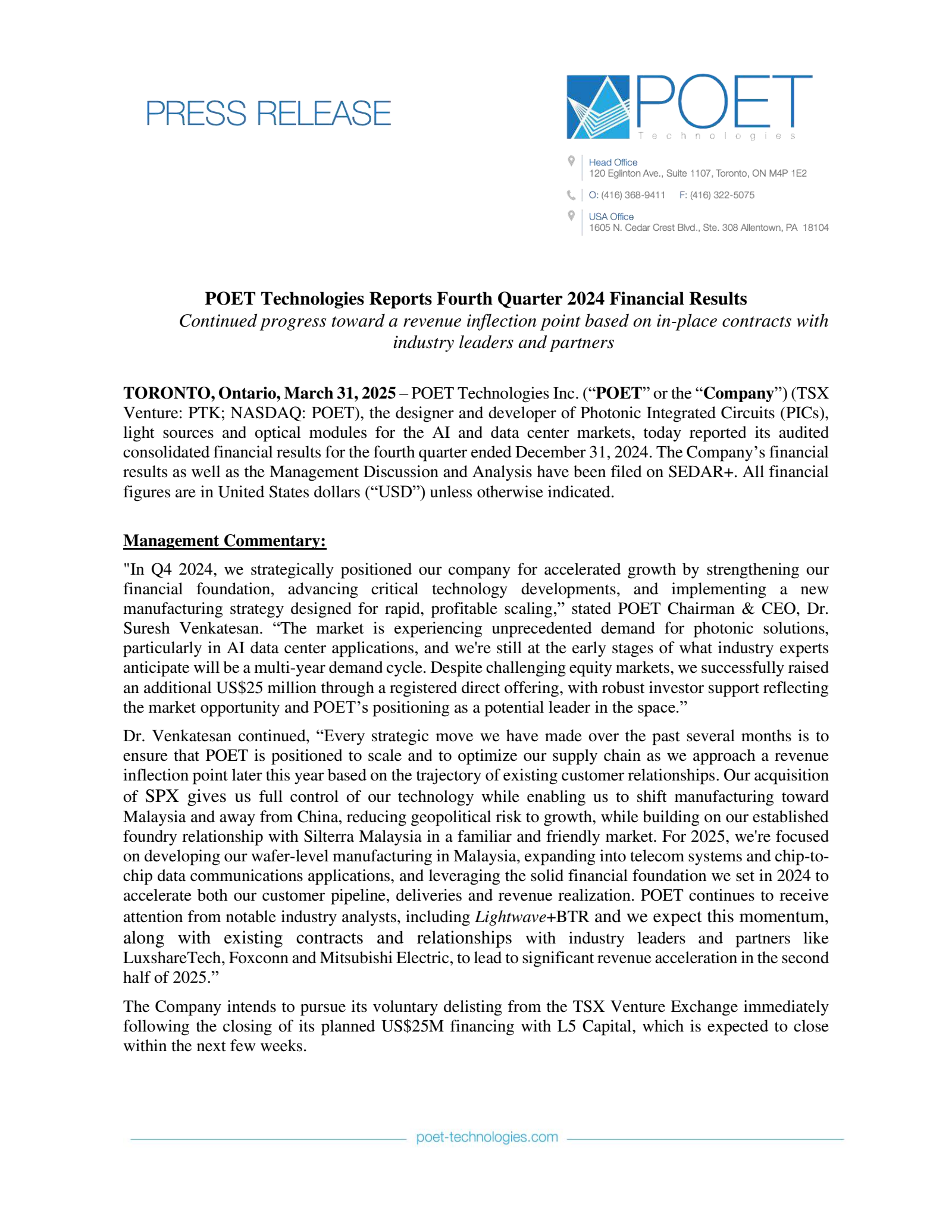 POET Technologies' Q4 2024 Press Release