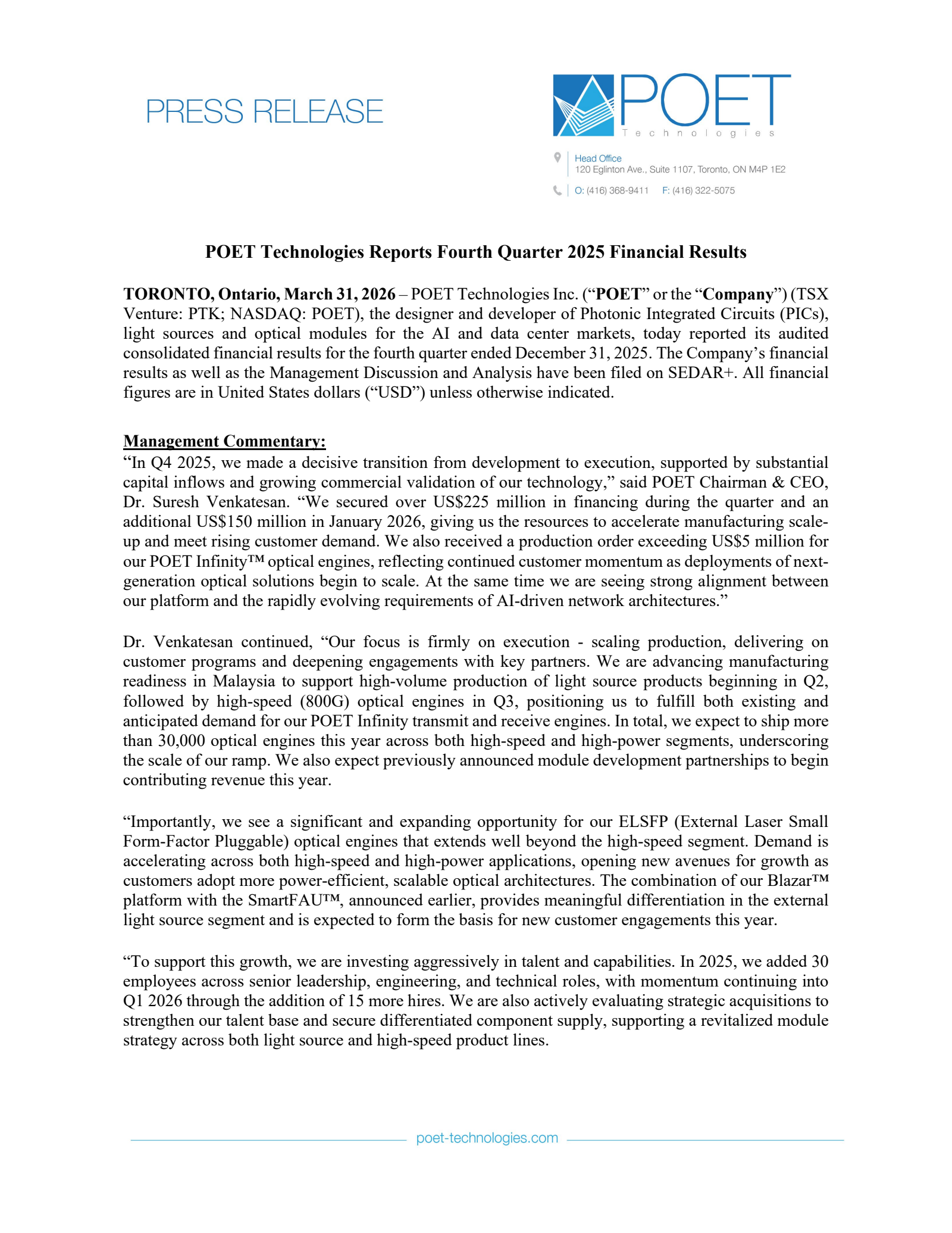 POET Technologies' Q4 2025 Press Release