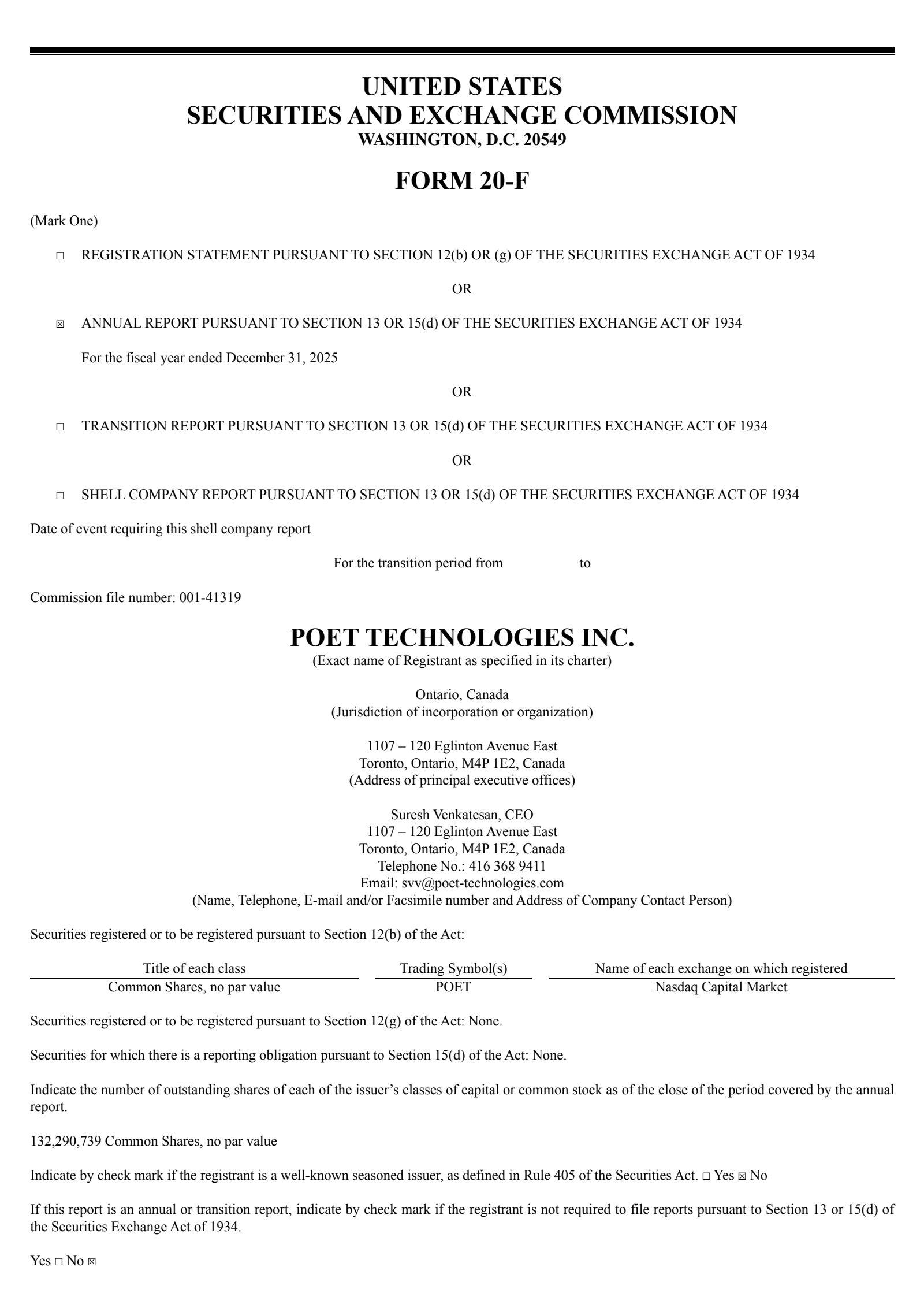 POET Technologies' Q4 2025 Annual report