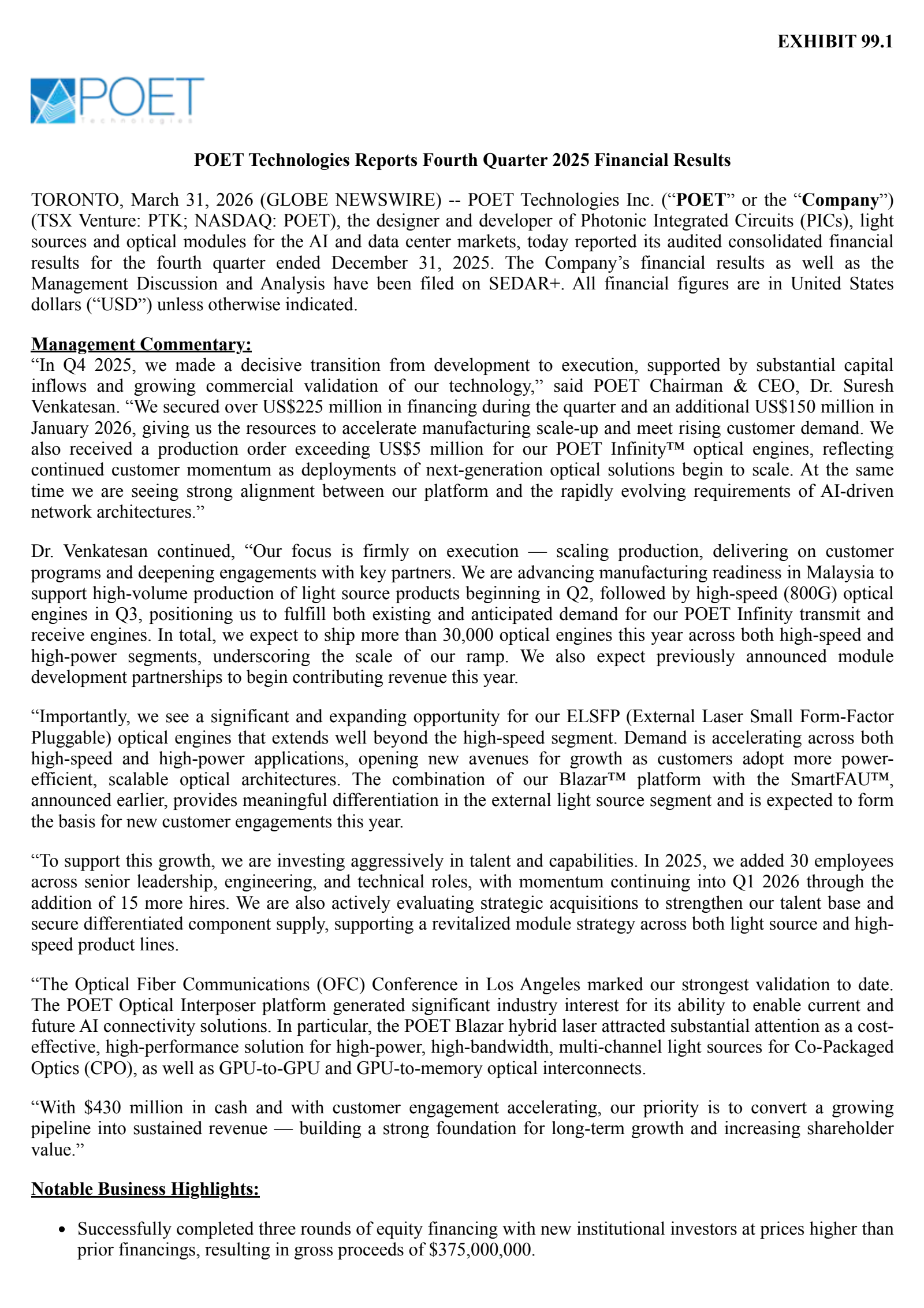 POET Technologies' Q4 2025 Press Release