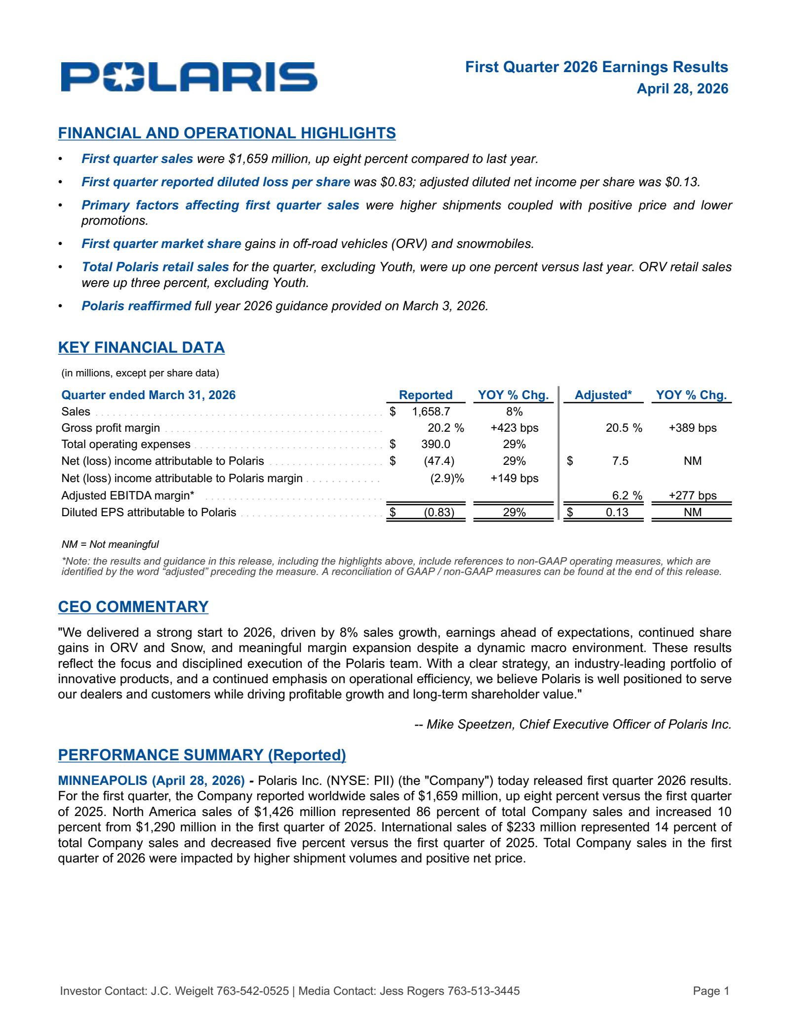 Polaris' Q1 2026 Press Release