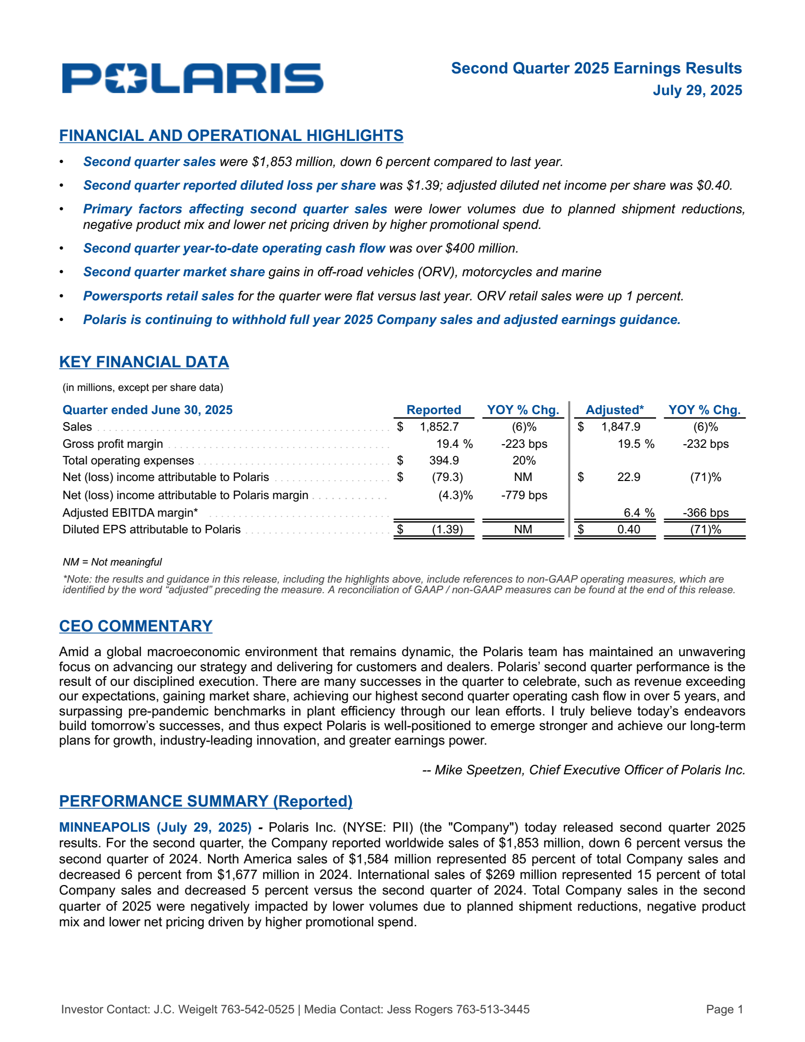 Polaris' Q2 2025 Press Release