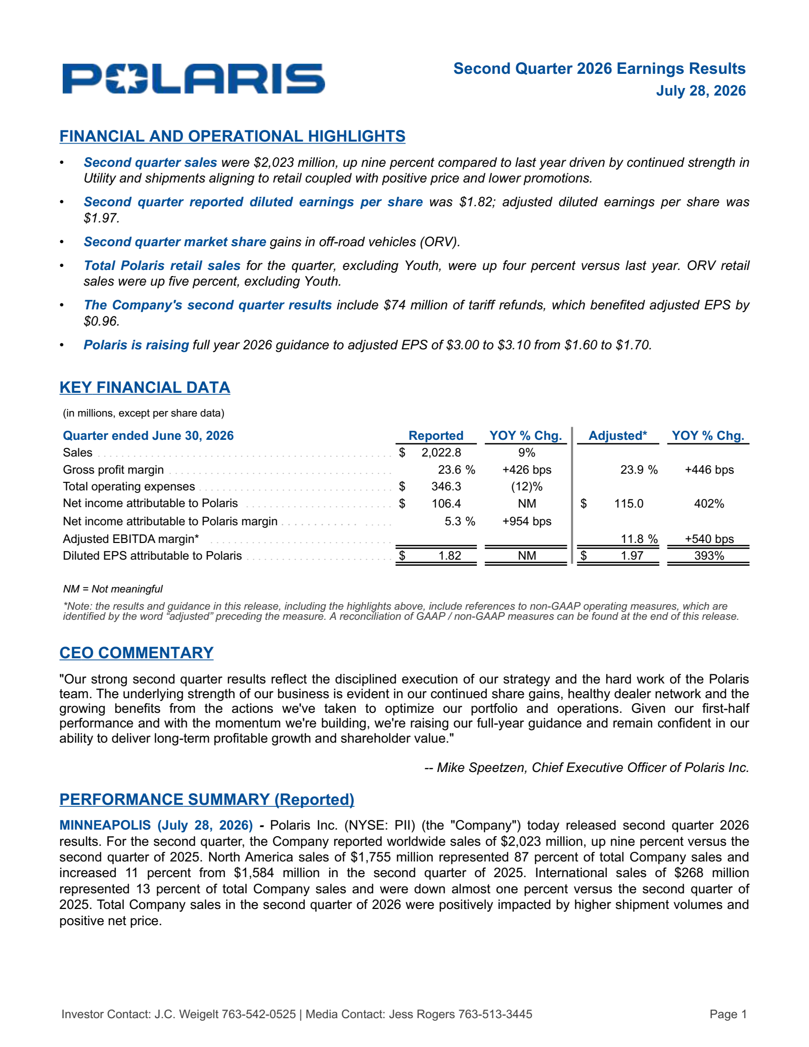 Polaris' Q2 2026 Press Release