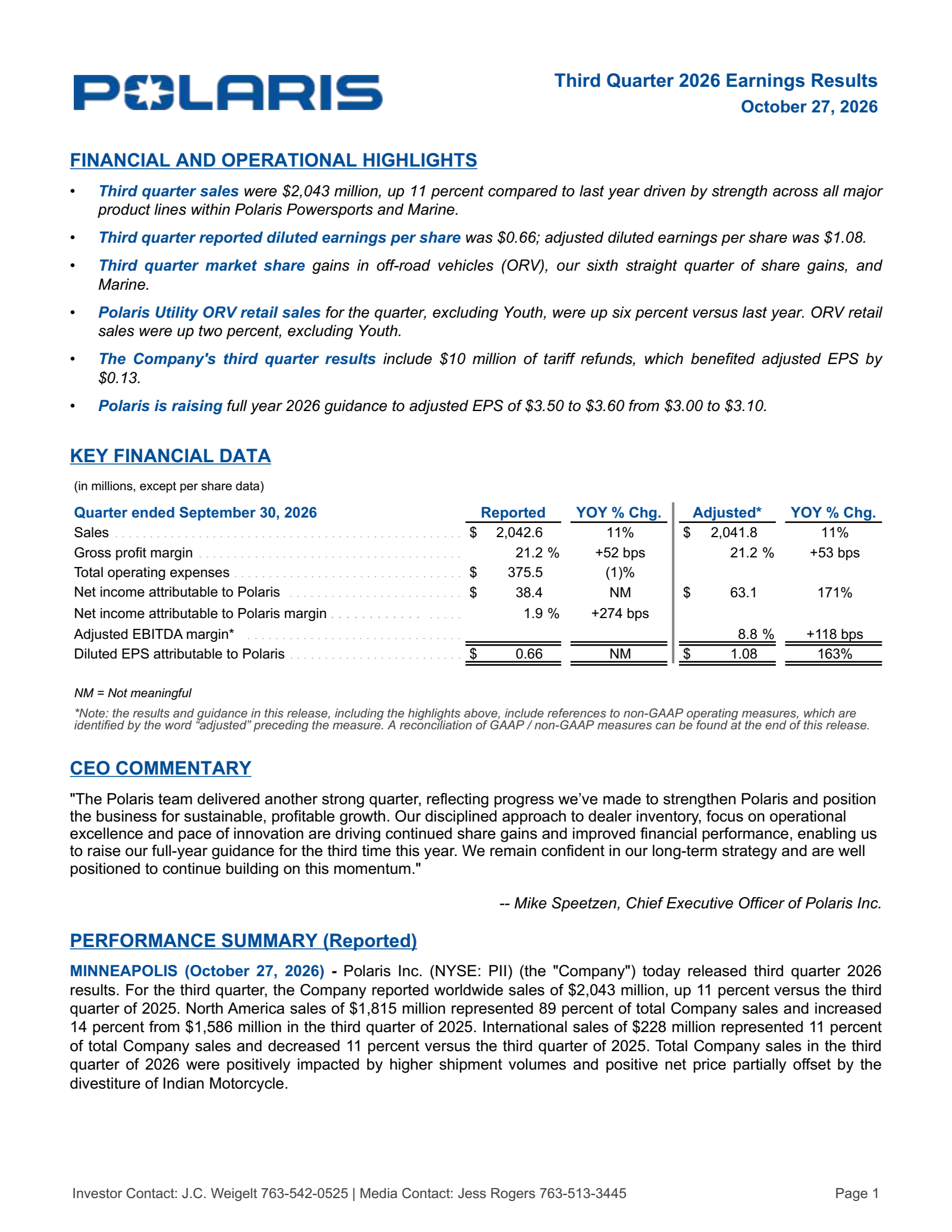 Polaris' Q3 2026 Press Release