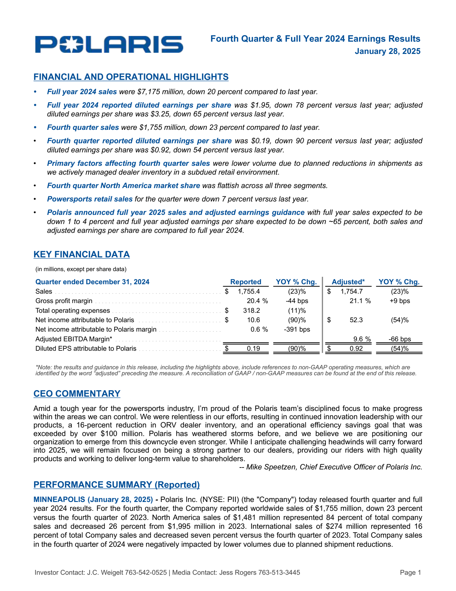 Polaris' Q4 2024 Earnings Release