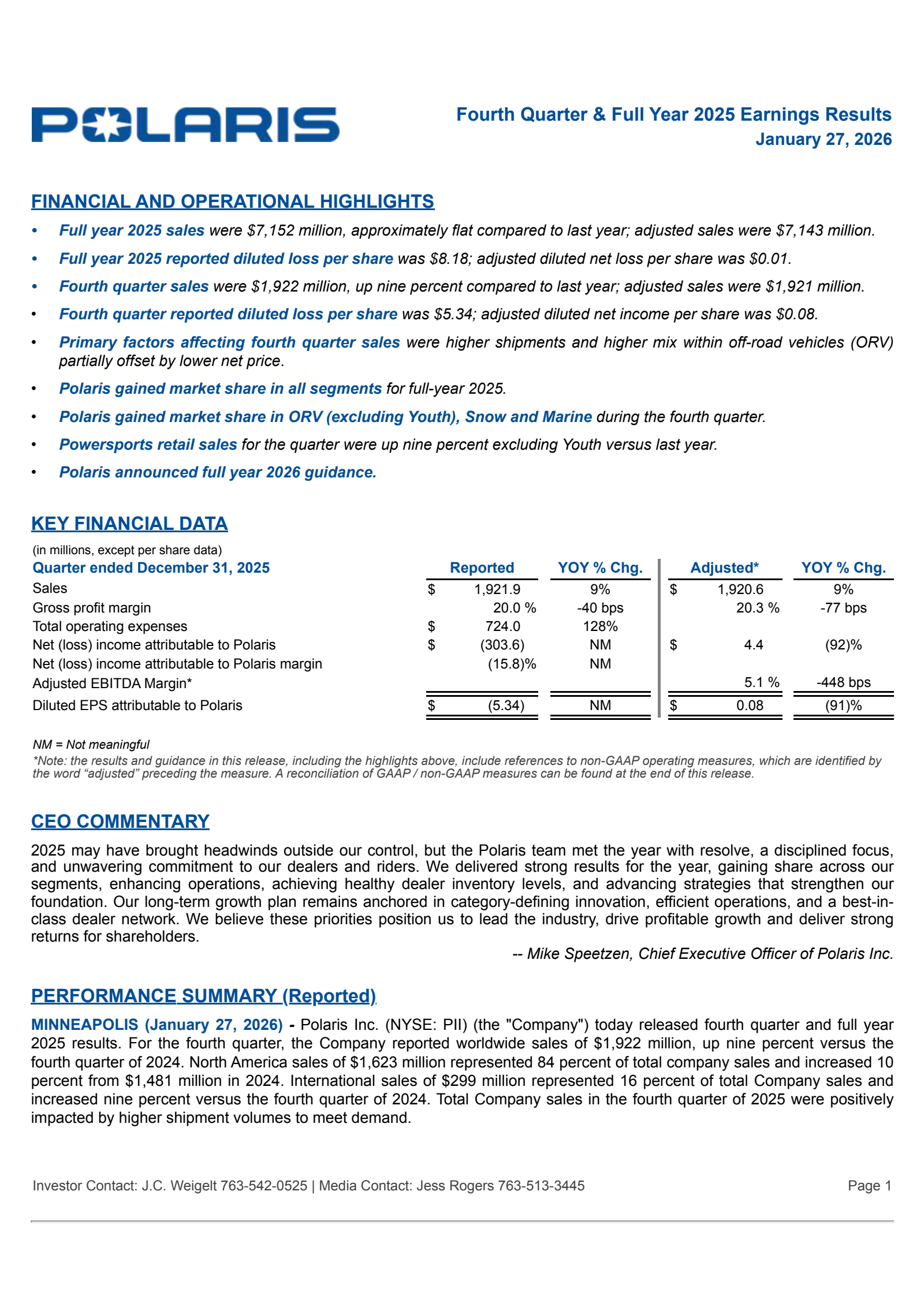 Polaris' Q4 2025 Press Release