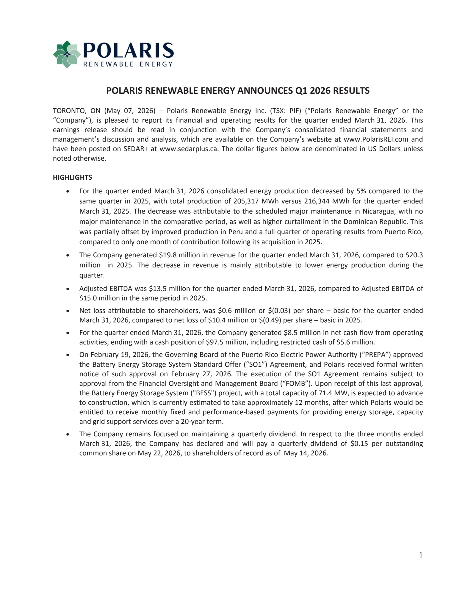 Polaris Renewable Energy's Q1 2026 Press Release