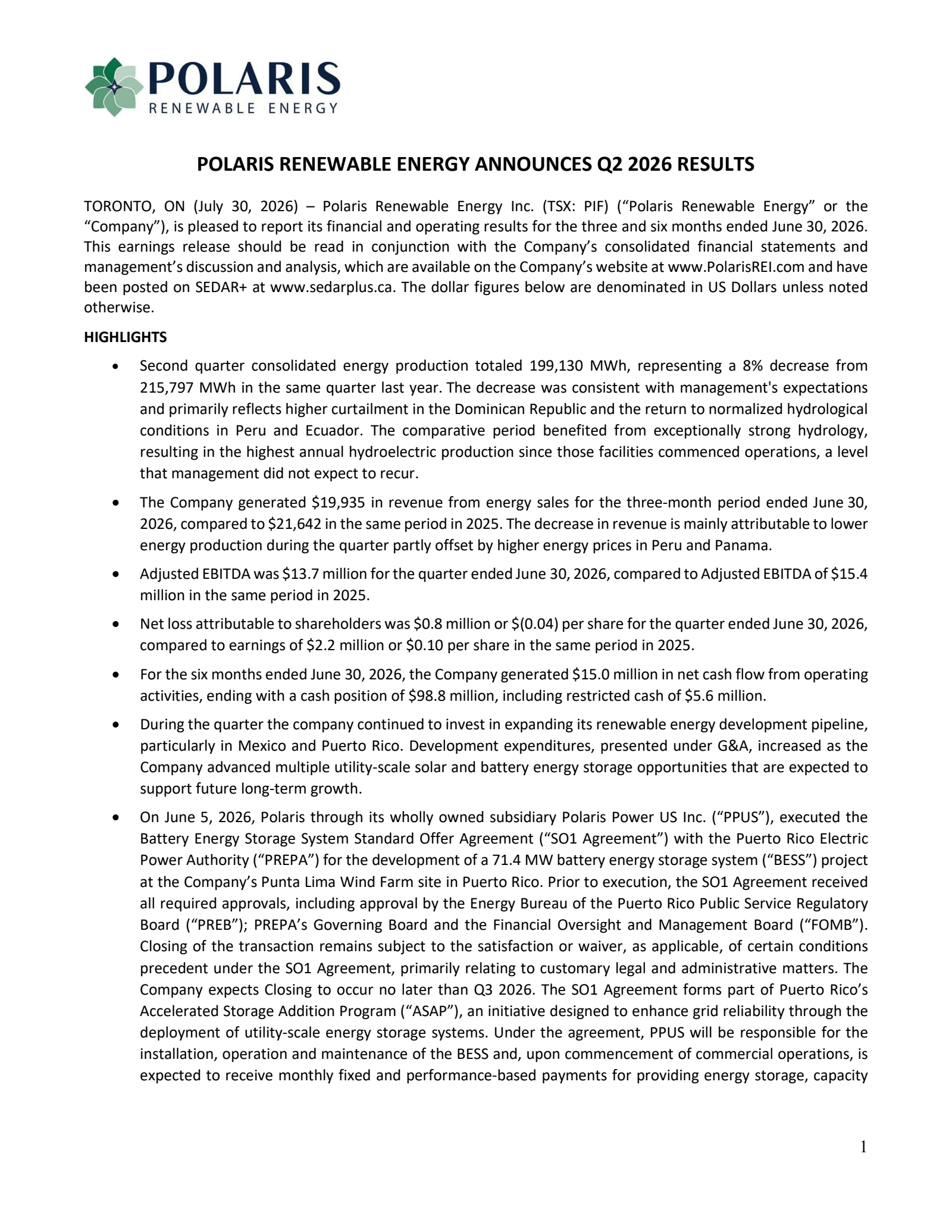 Polaris Renewable Energy's Q2 2026 Press Release