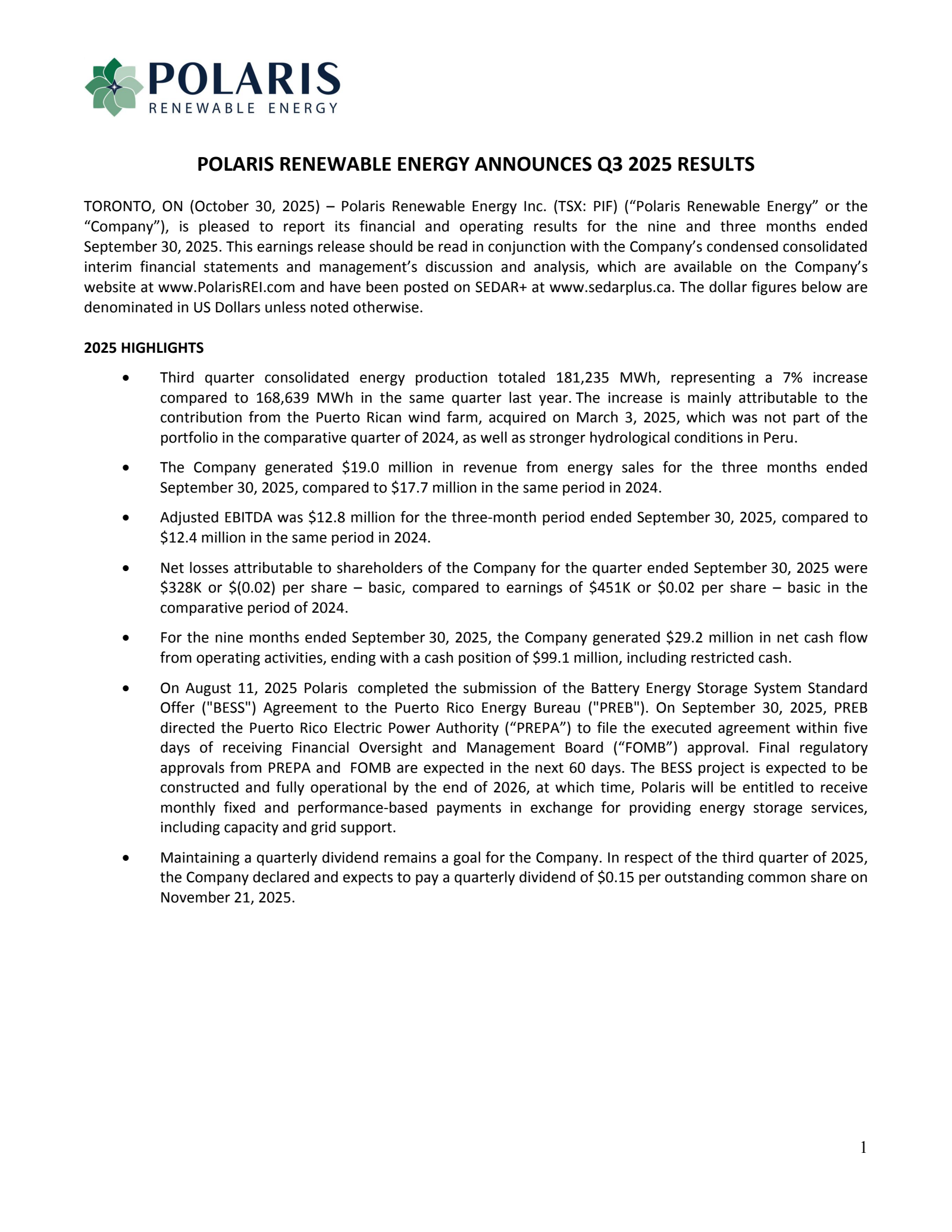 Polaris Renewable Energy's Q3 2025 Earnings Release