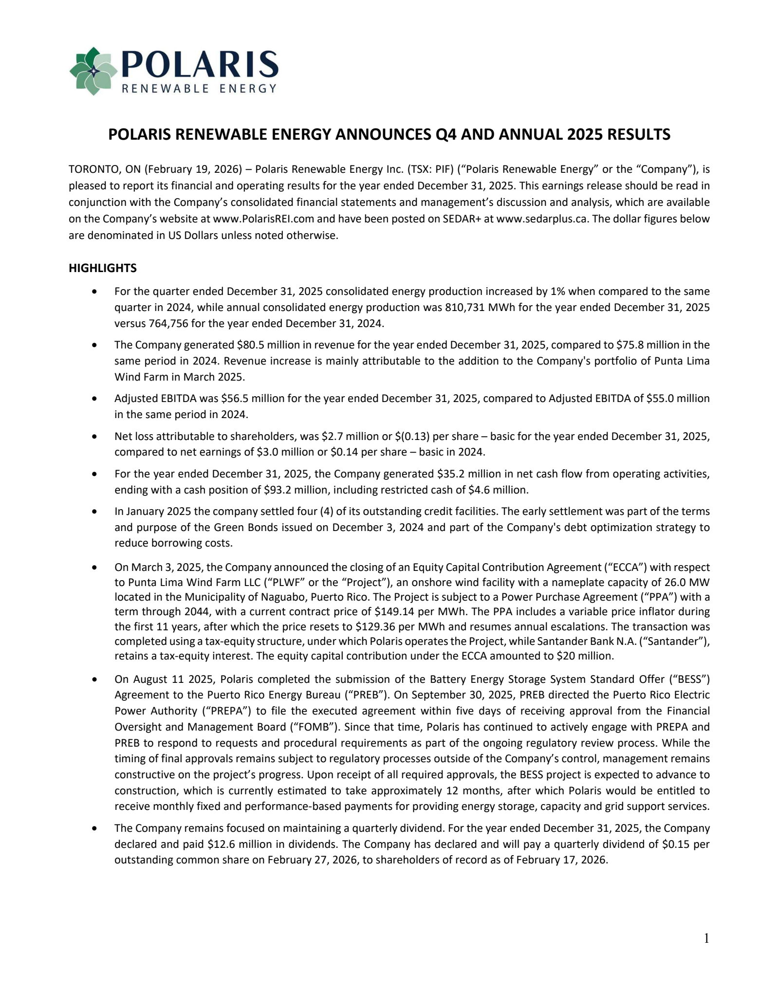 Polaris Renewable Energy's Q4 2025 Press Release