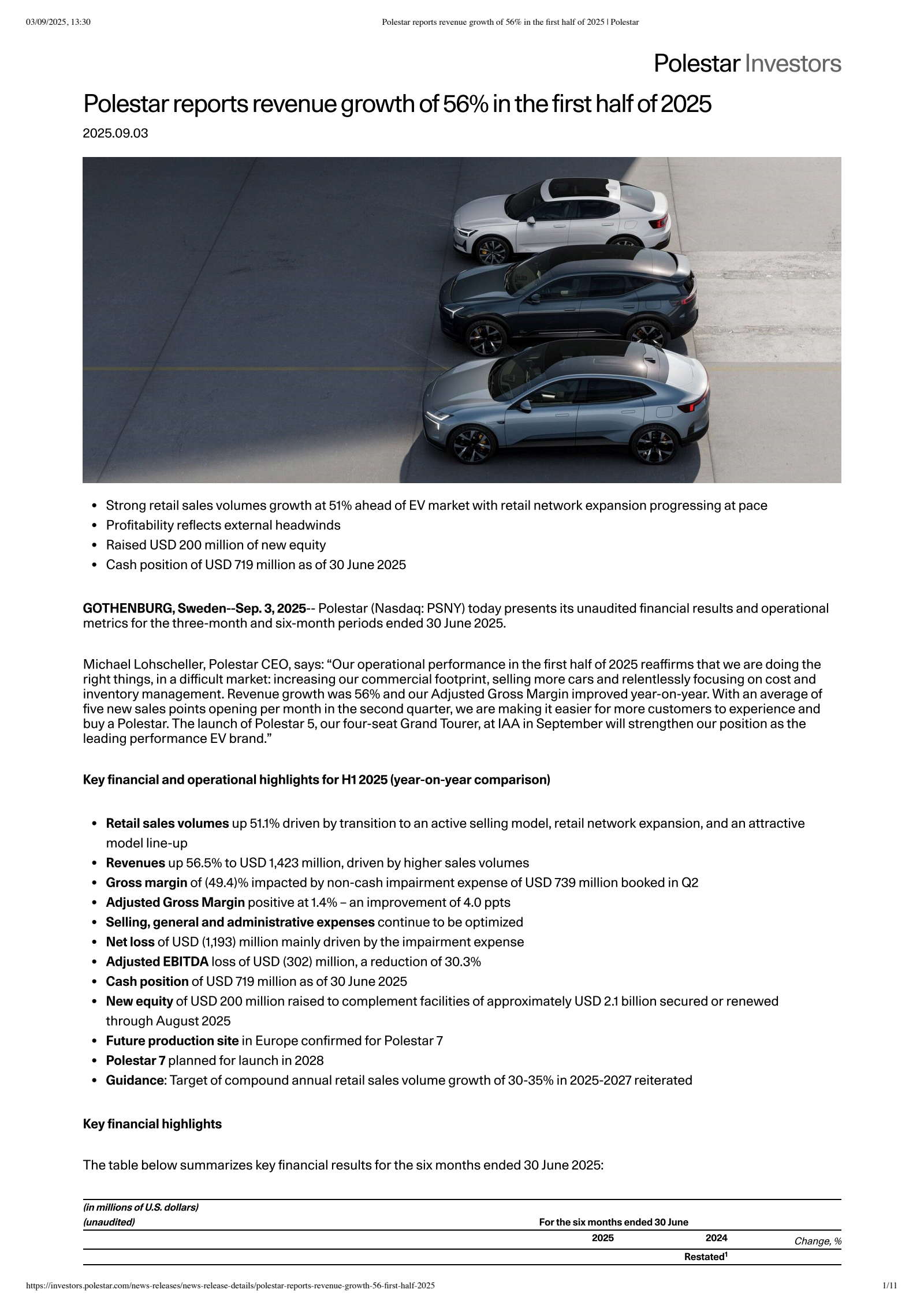 Polestar Automotive Holding UK's Q2 2025 Press Release