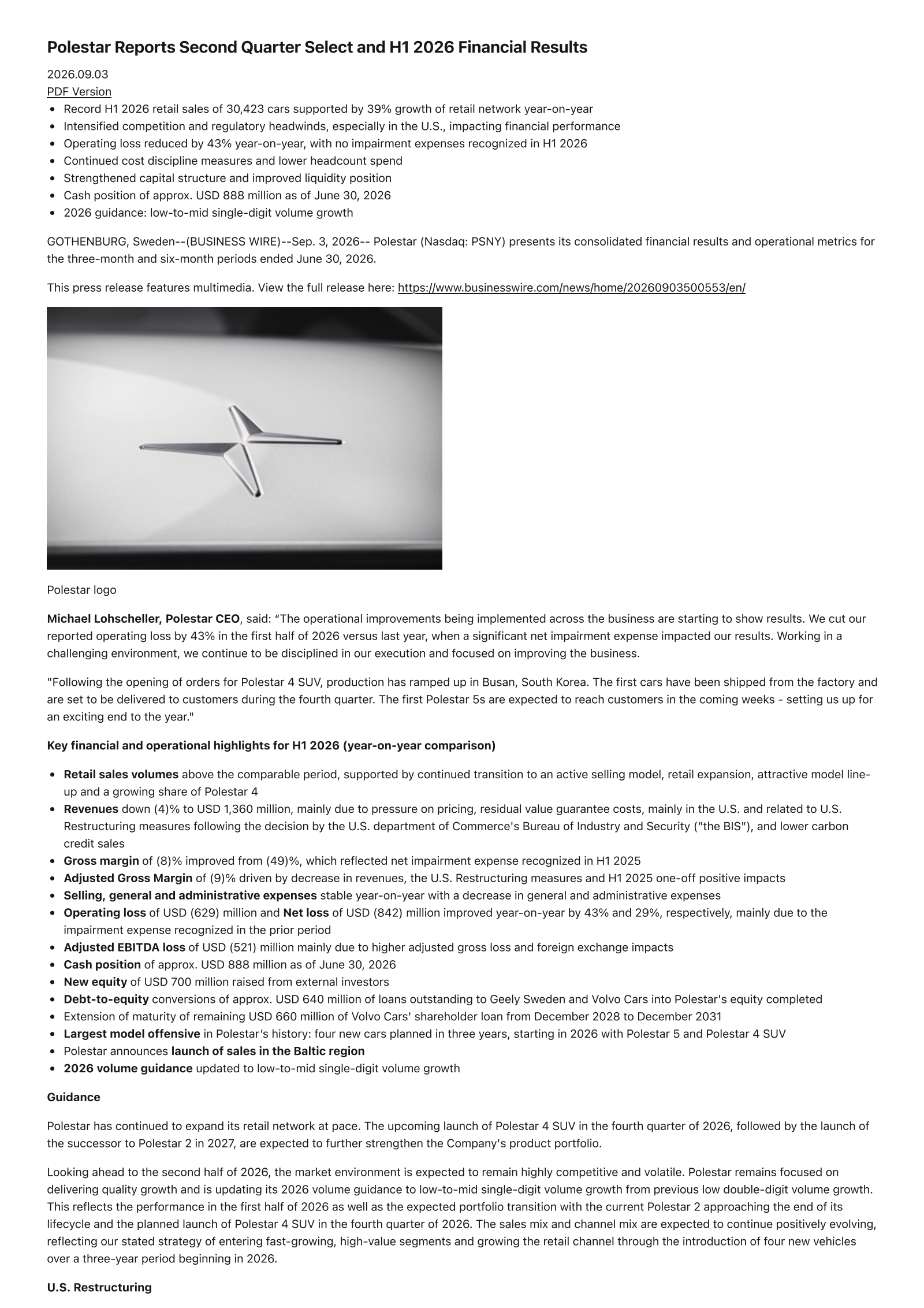 Polestar Automotive Holding UK's Q2 2026 Press Release