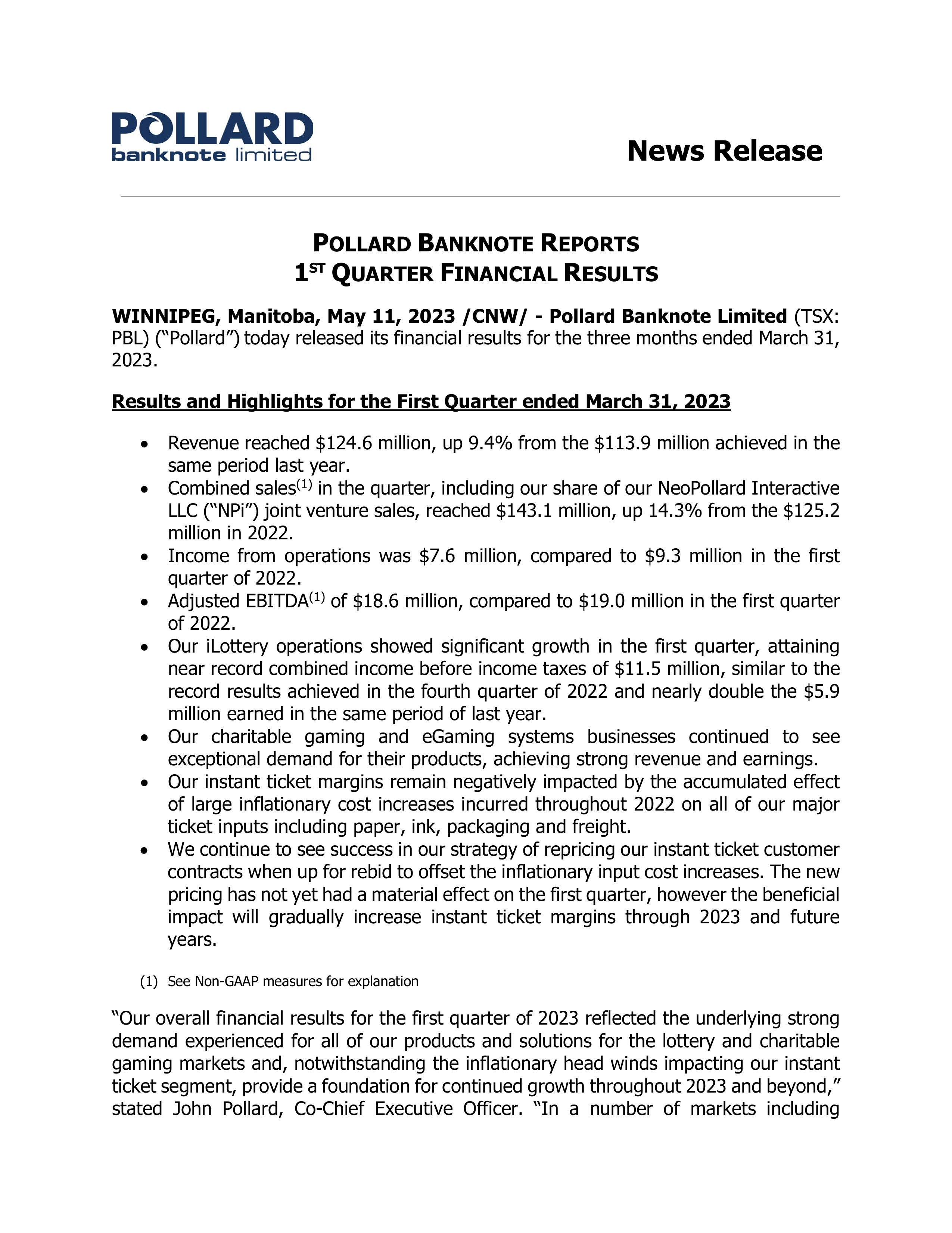 Pollard Banknote's Q1 2023 Interim report