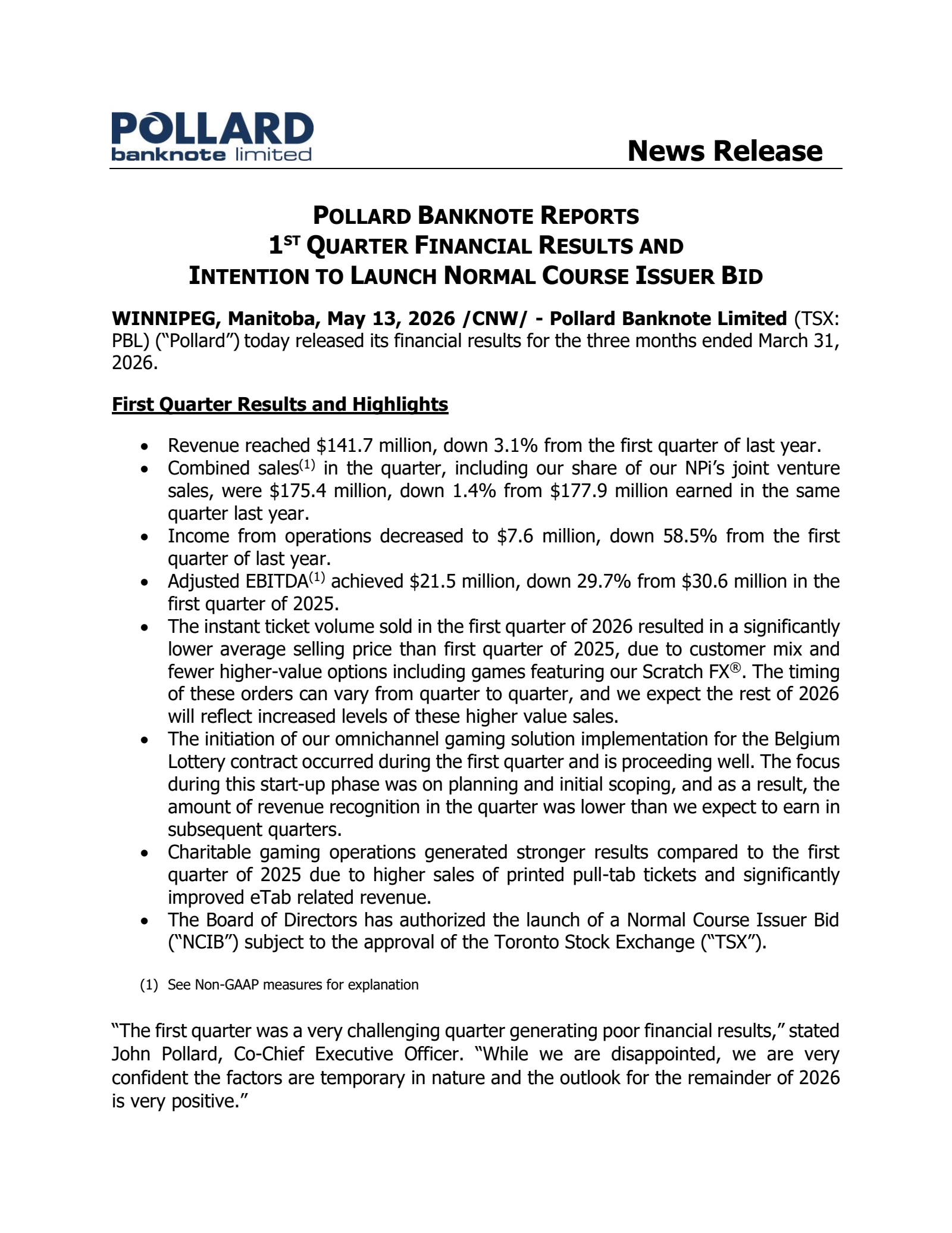Pollard Banknote's Q1 2026 Press Release