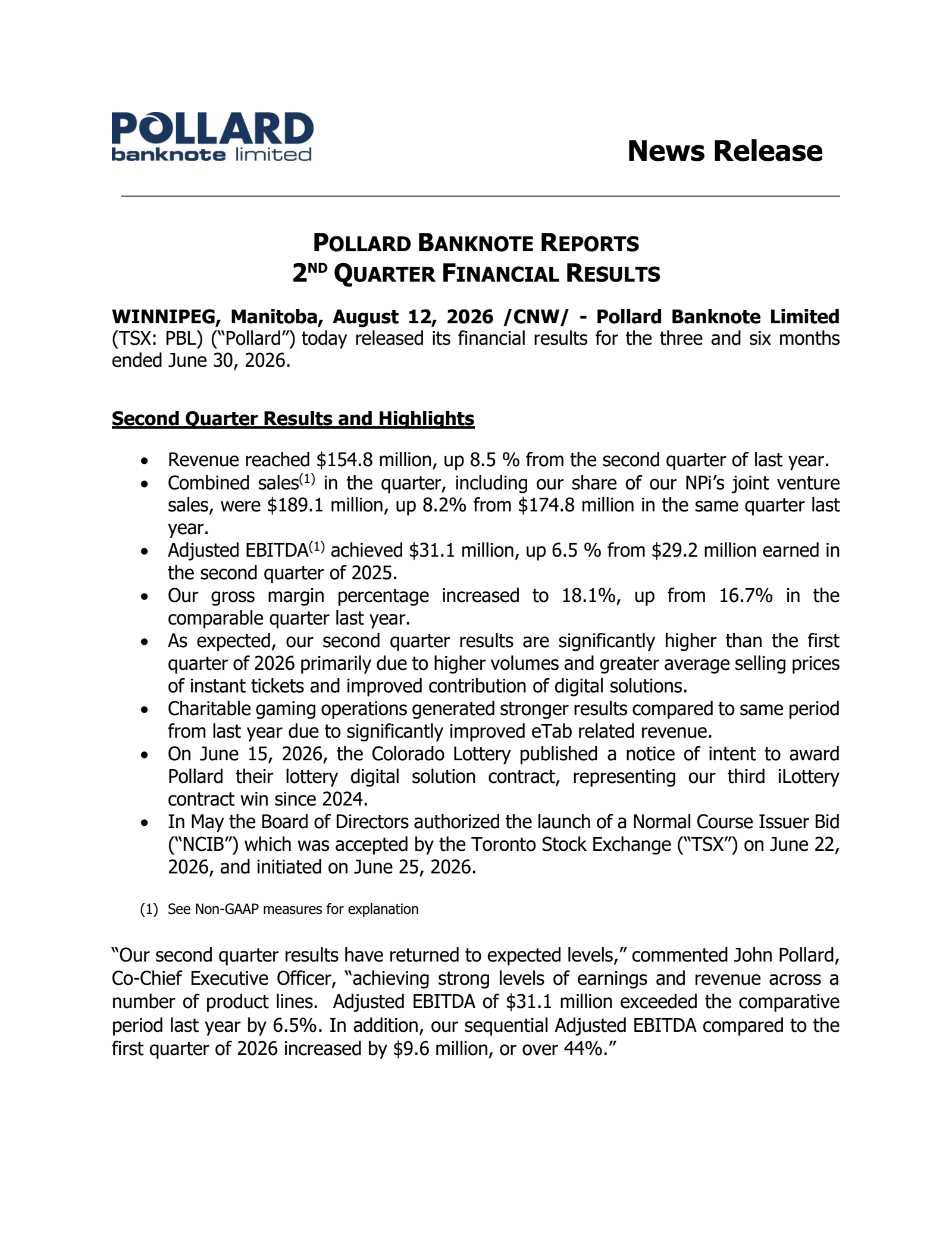 Pollard Banknote's Q2 2026 Press Release