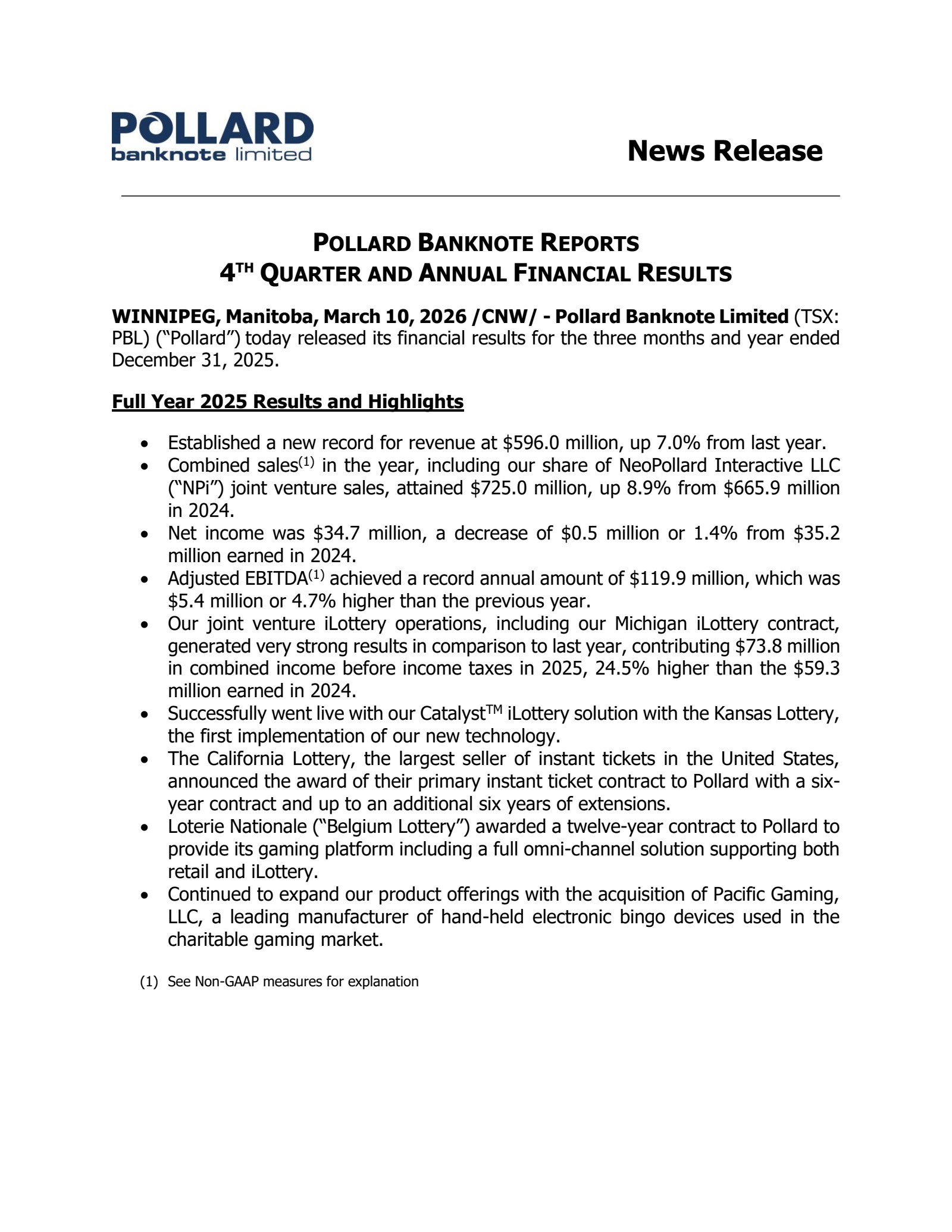 Pollard Banknote's Q4 2025 Press Release