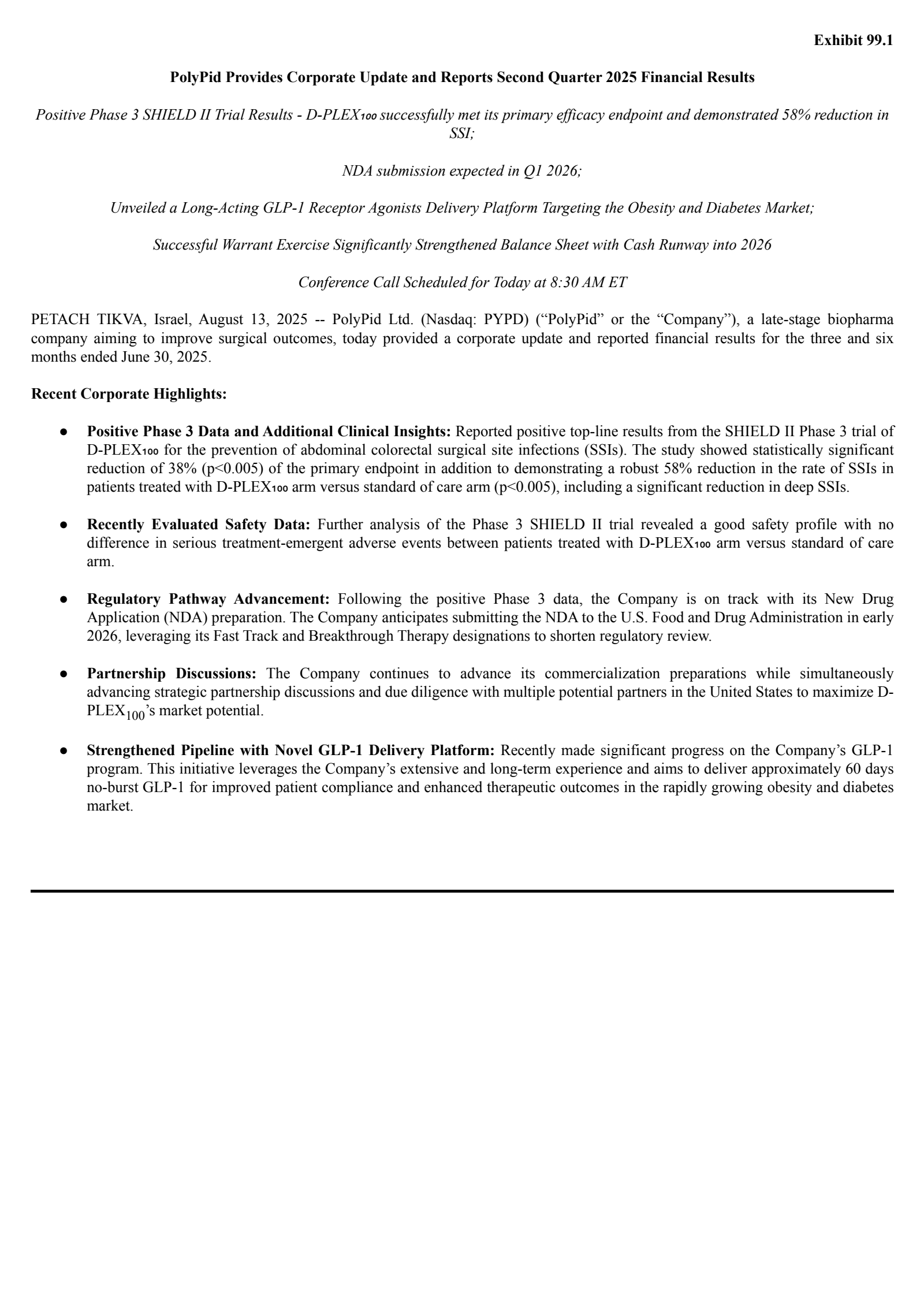 PolyPid's Q2 2025 Press Release