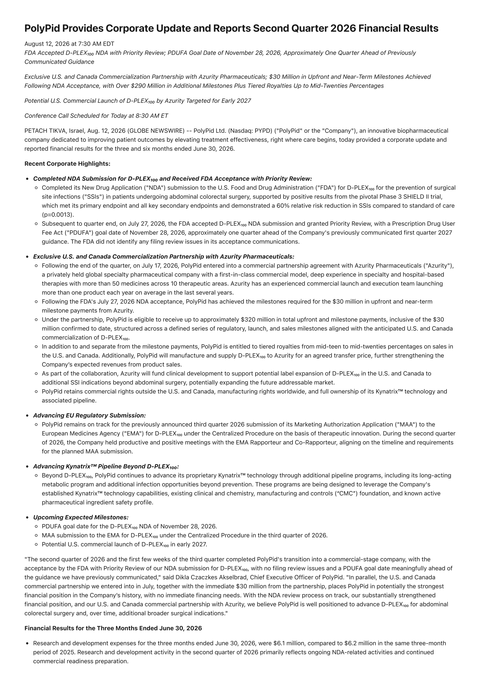 PolyPid's Q2 2026 Press Release