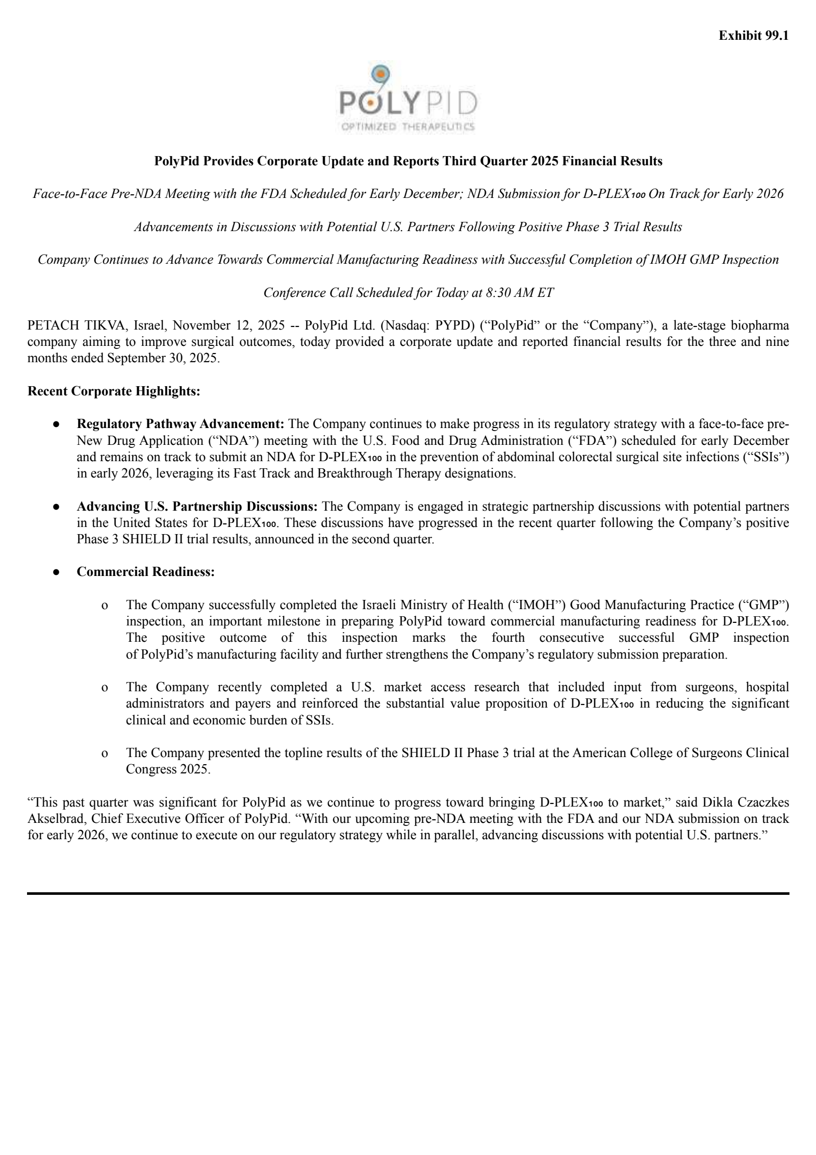 PolyPid's Q3 2025 Earnings Release