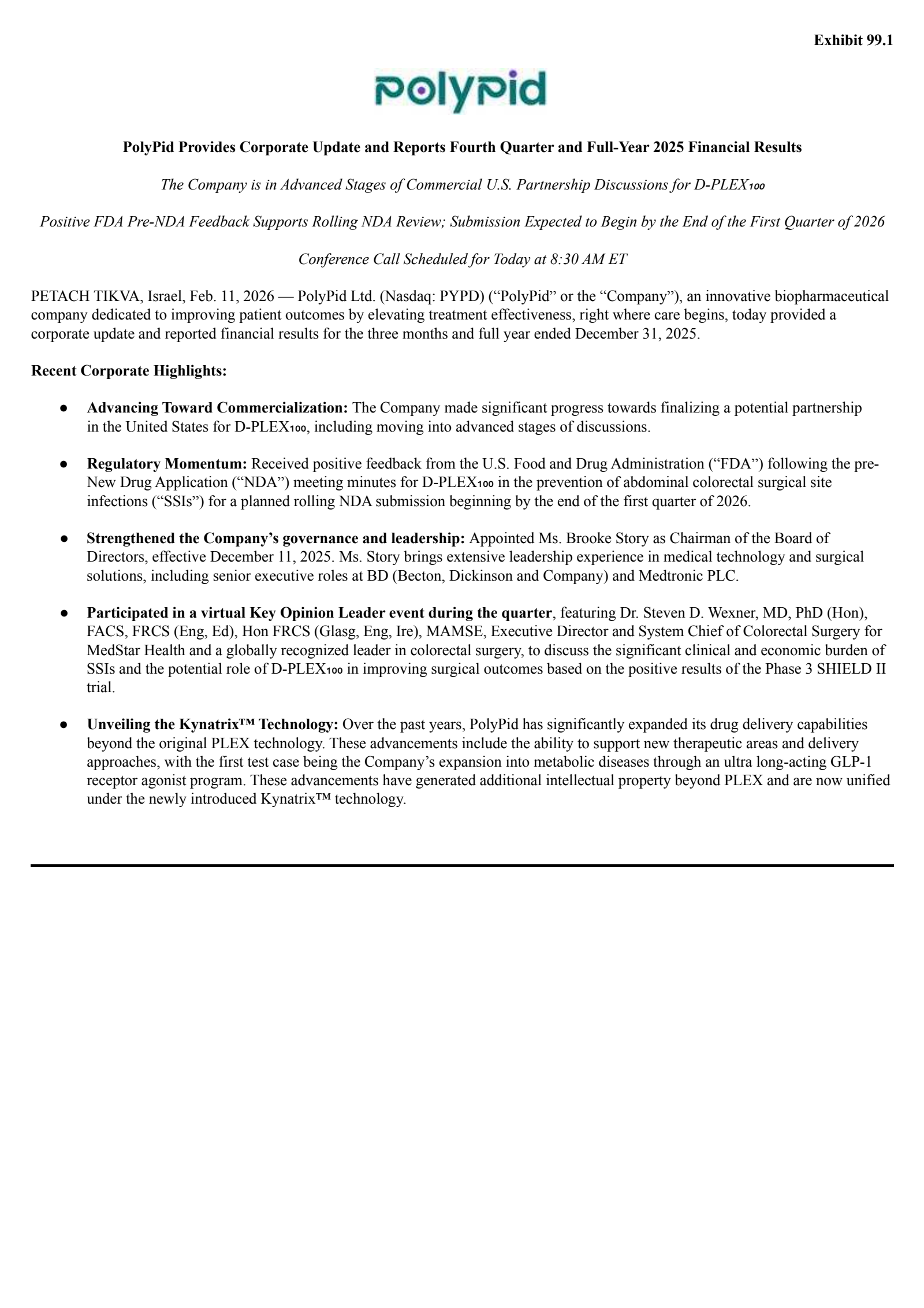 PolyPid's Q4 2025 Press Release