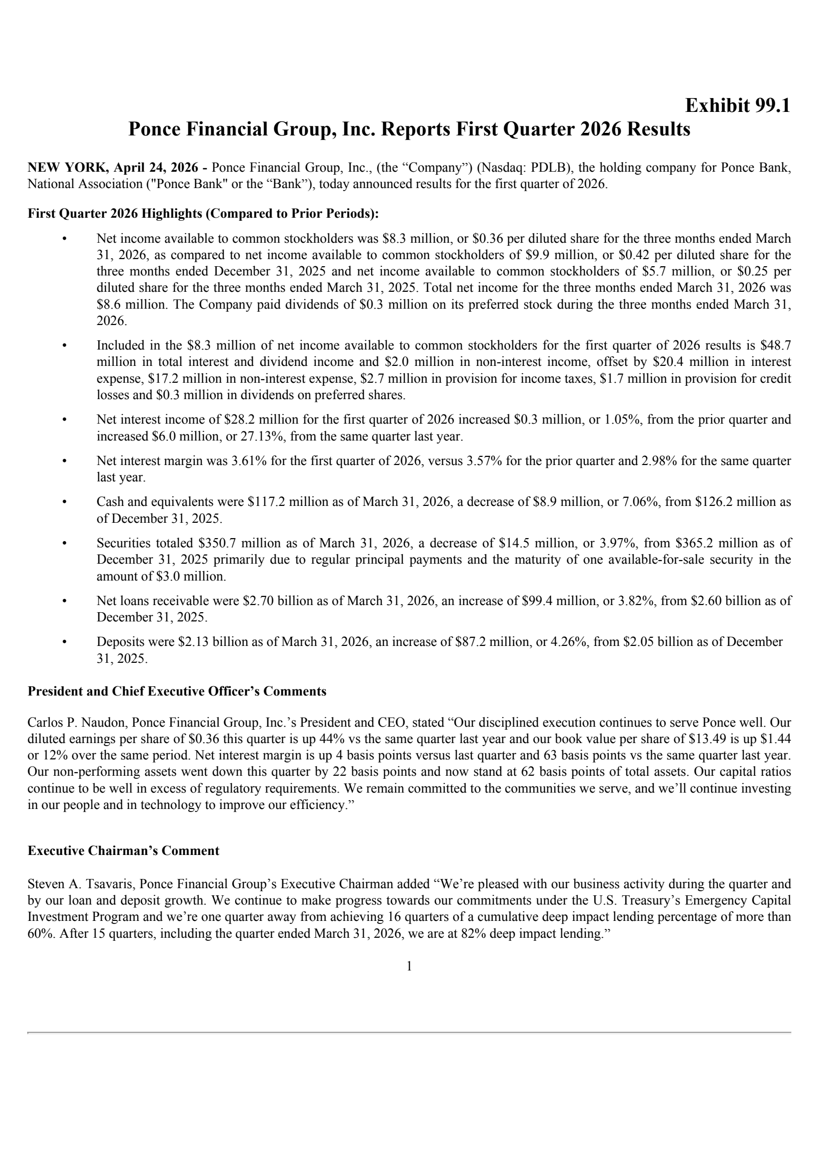 Ponce Financial Group's Q1 2026 Press Release