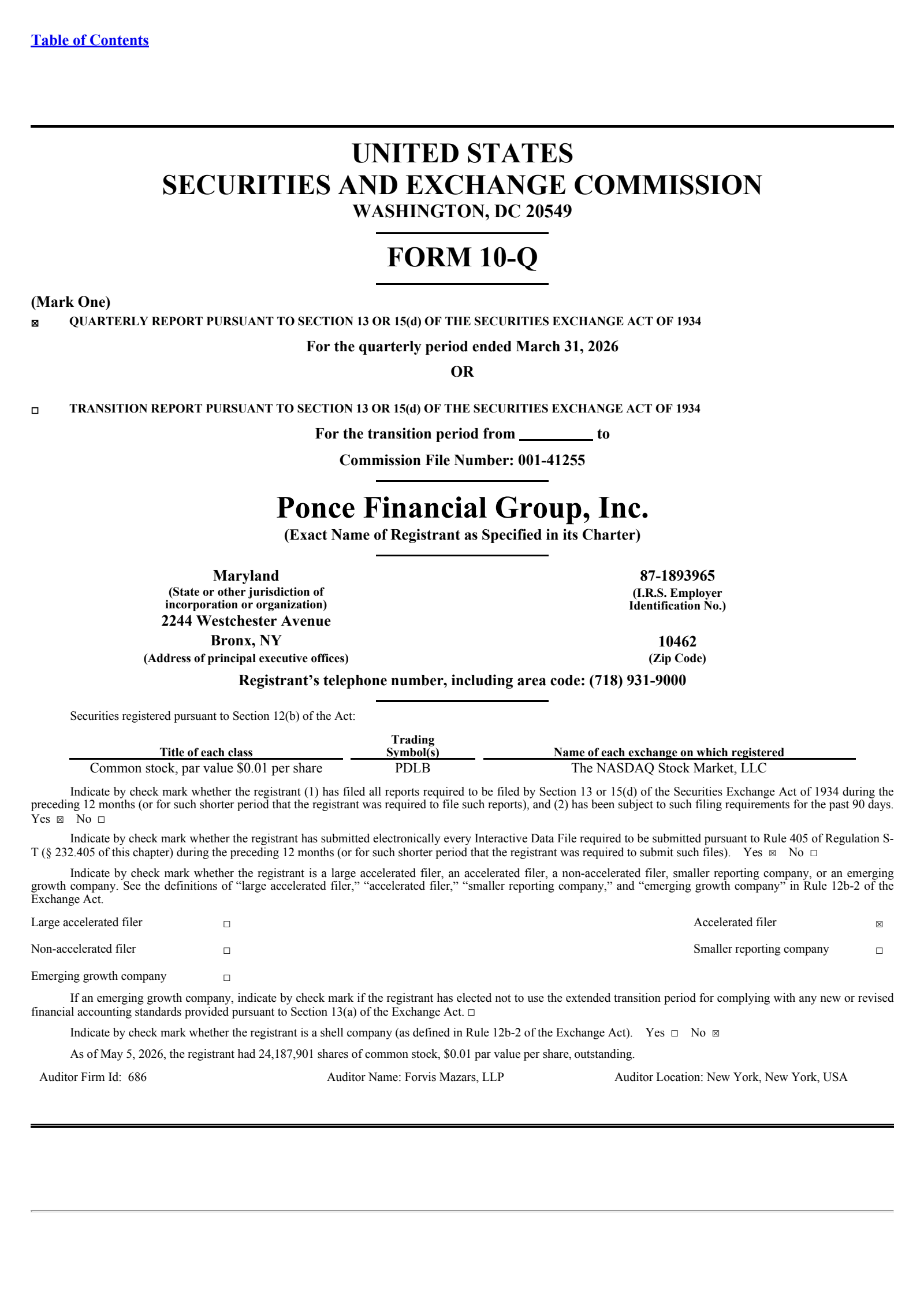 Ponce Financial Group's Q1 2026 Quarterly report