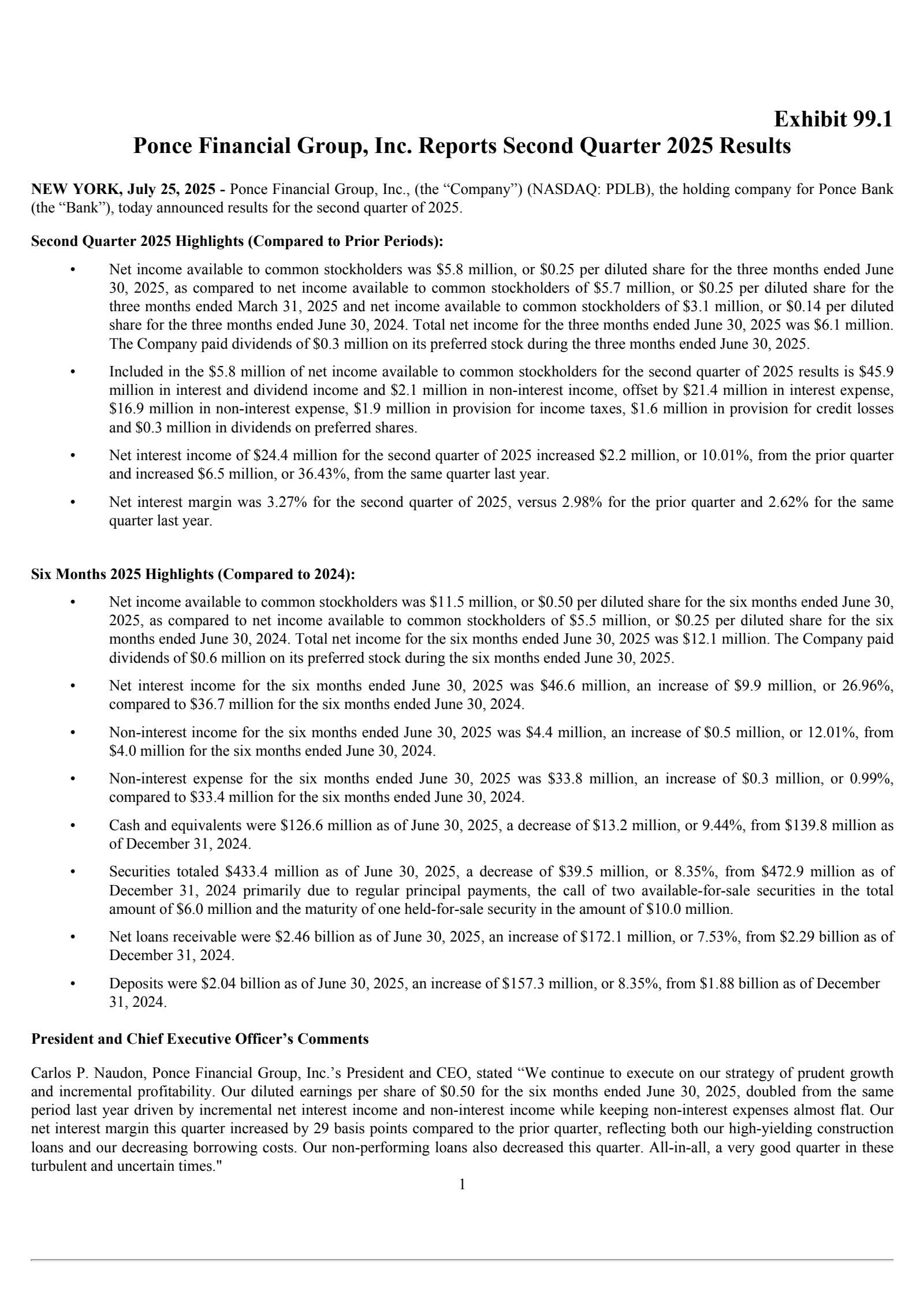 Ponce Financial Group's Q2 2025 Press Release