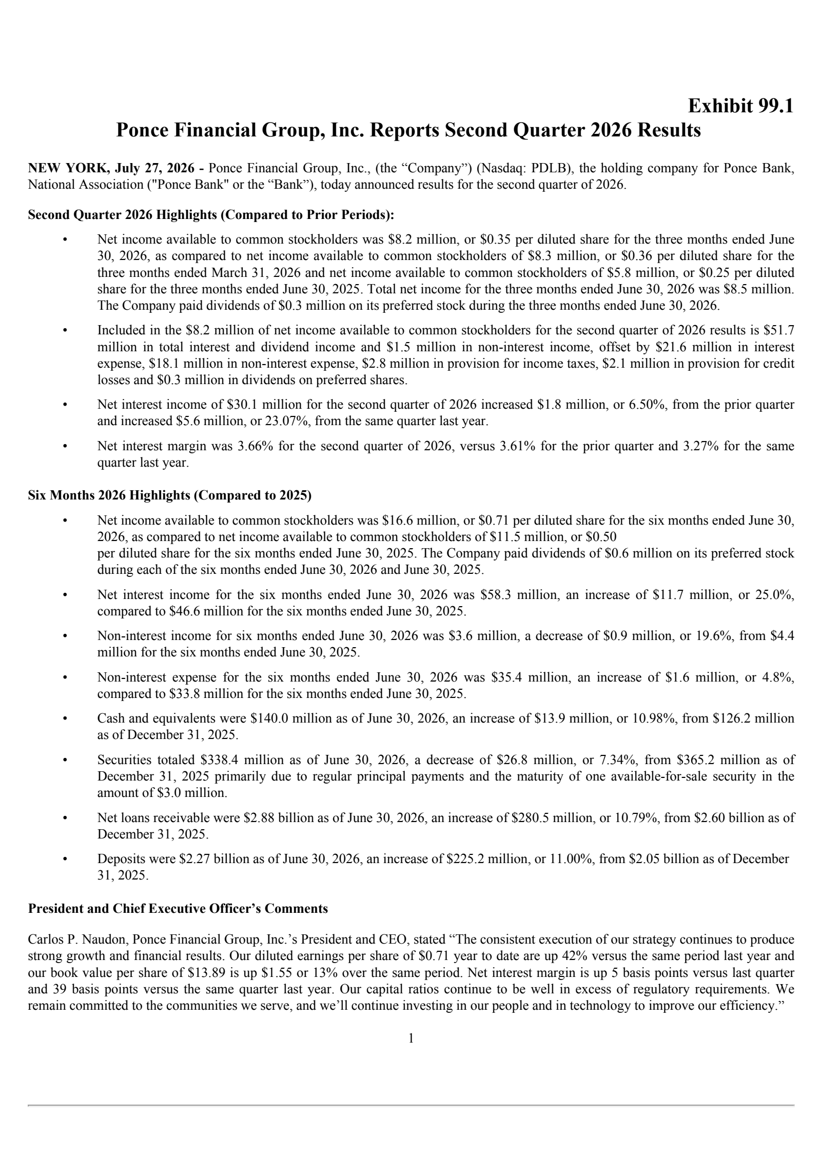 Ponce Financial Group's Q2 2026 Press Release
