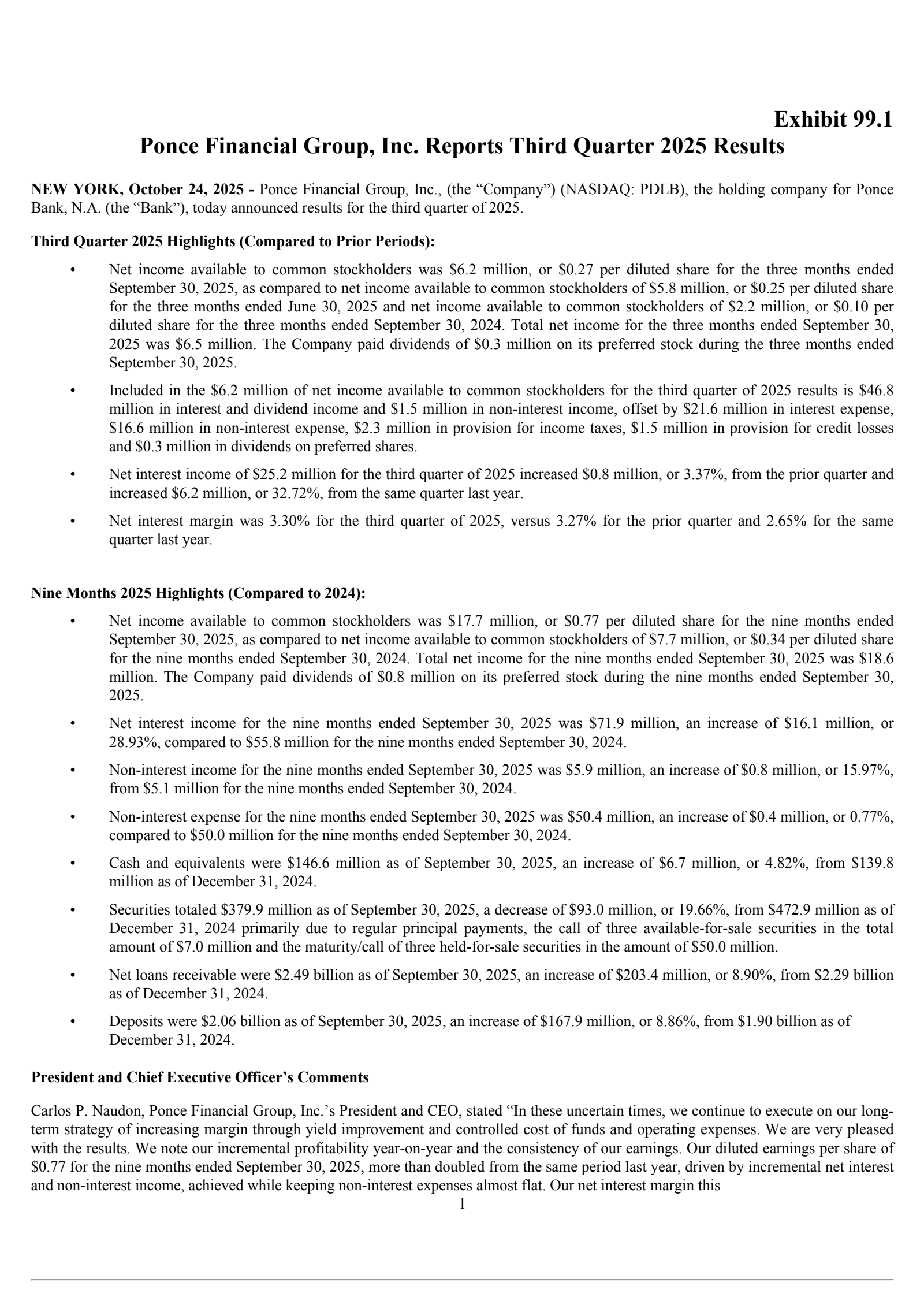 Ponce Financial Group's Q3 2025 Earnings Release