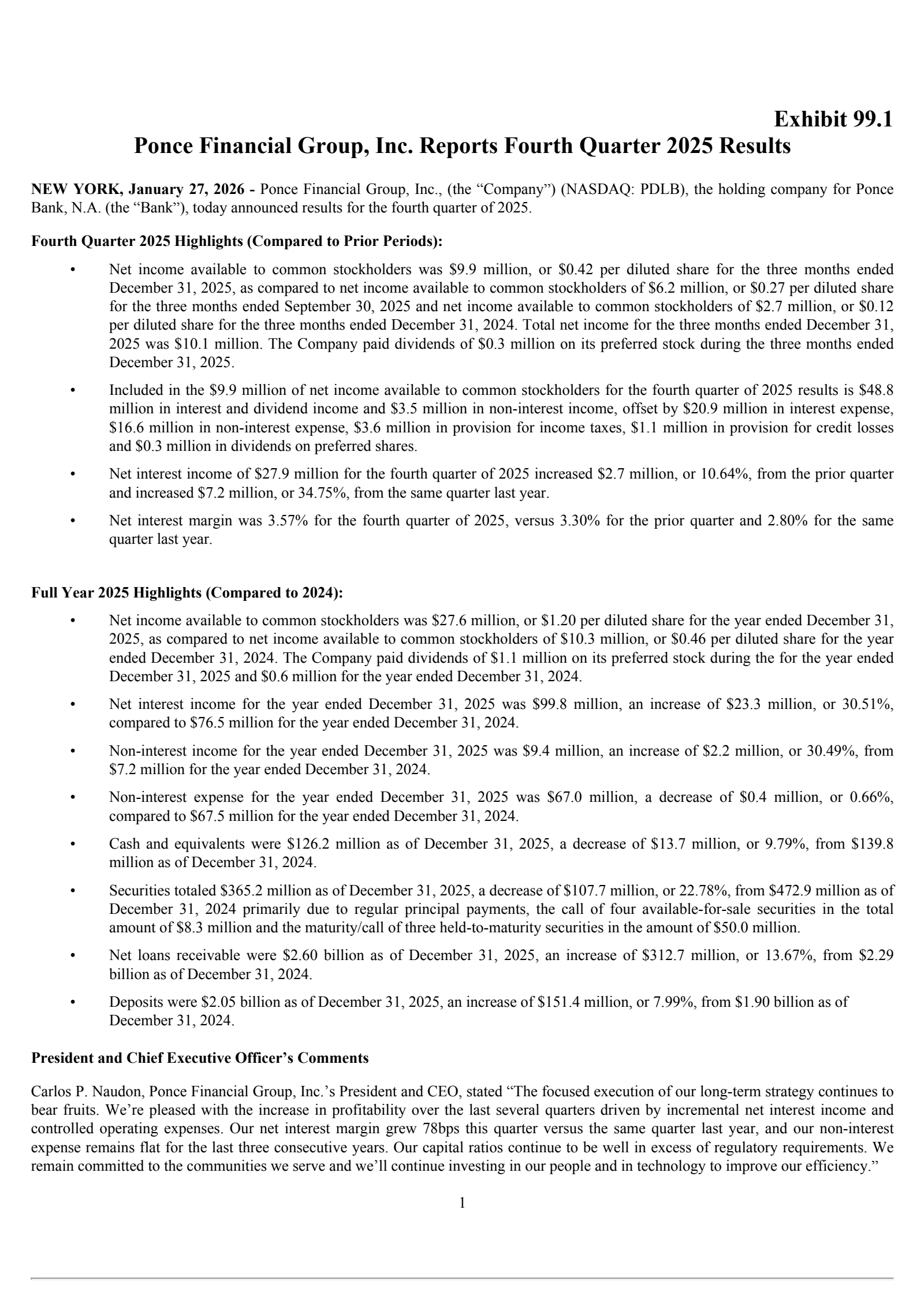 Ponce Financial Group's Q4 2025 Press Release