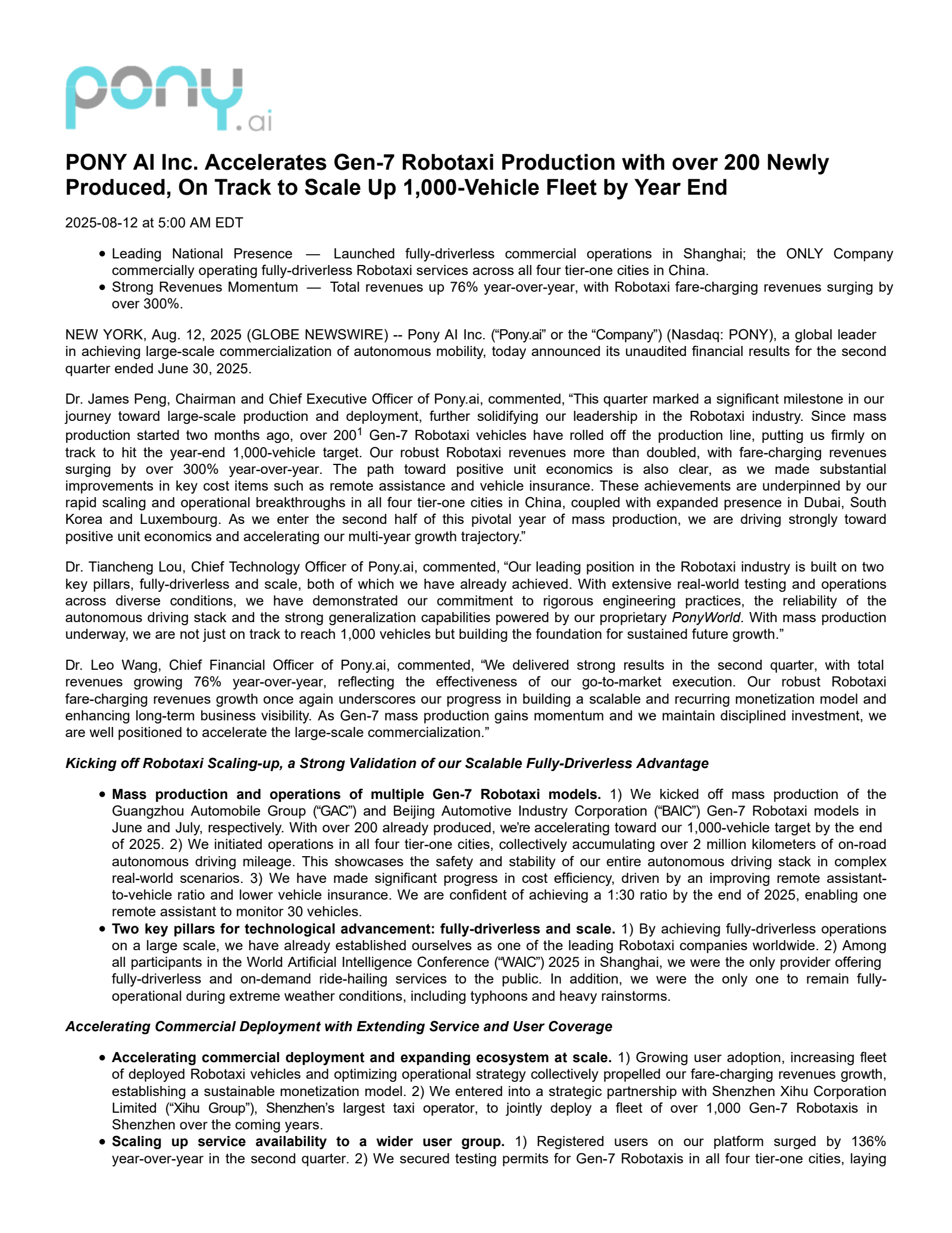 Pony AI's Q2 2025 Press Release