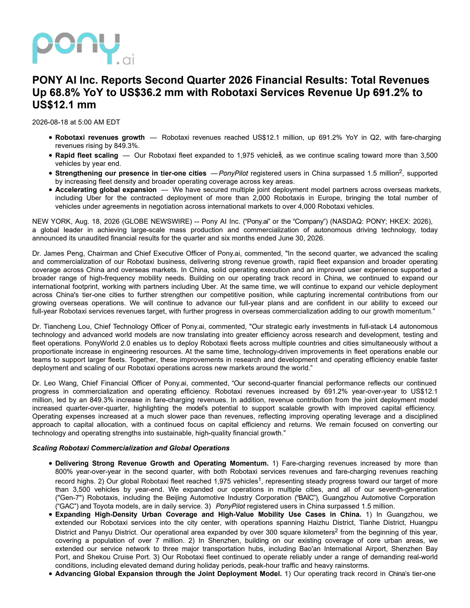 Pony AI (PONY) Q2 2026 Earnings Results & Call Transcript