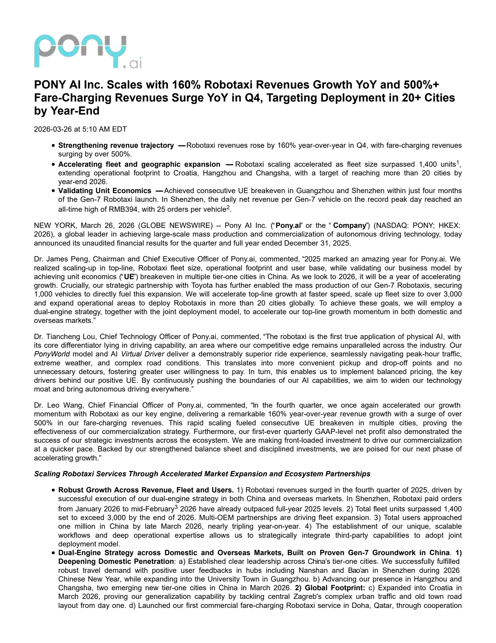 Pony AI's Q4 2025 Press Release