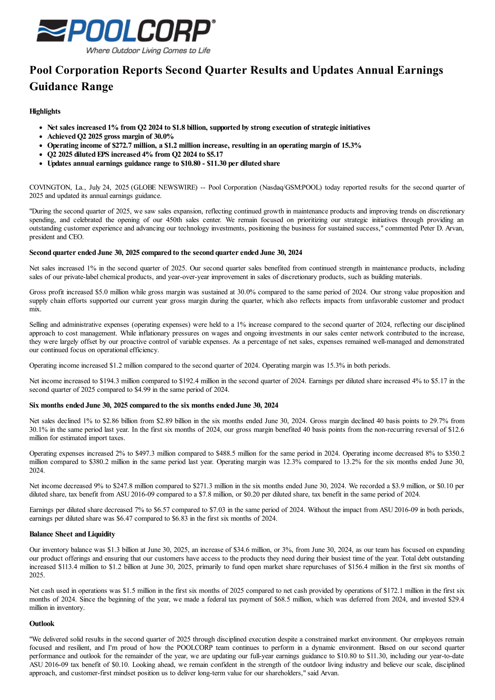 Pool's Q2 2025 Press Release