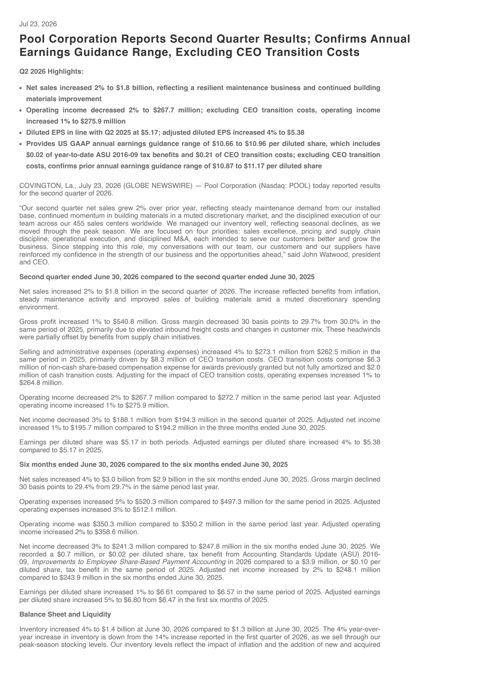 Pool's Q2 2026 Press Release